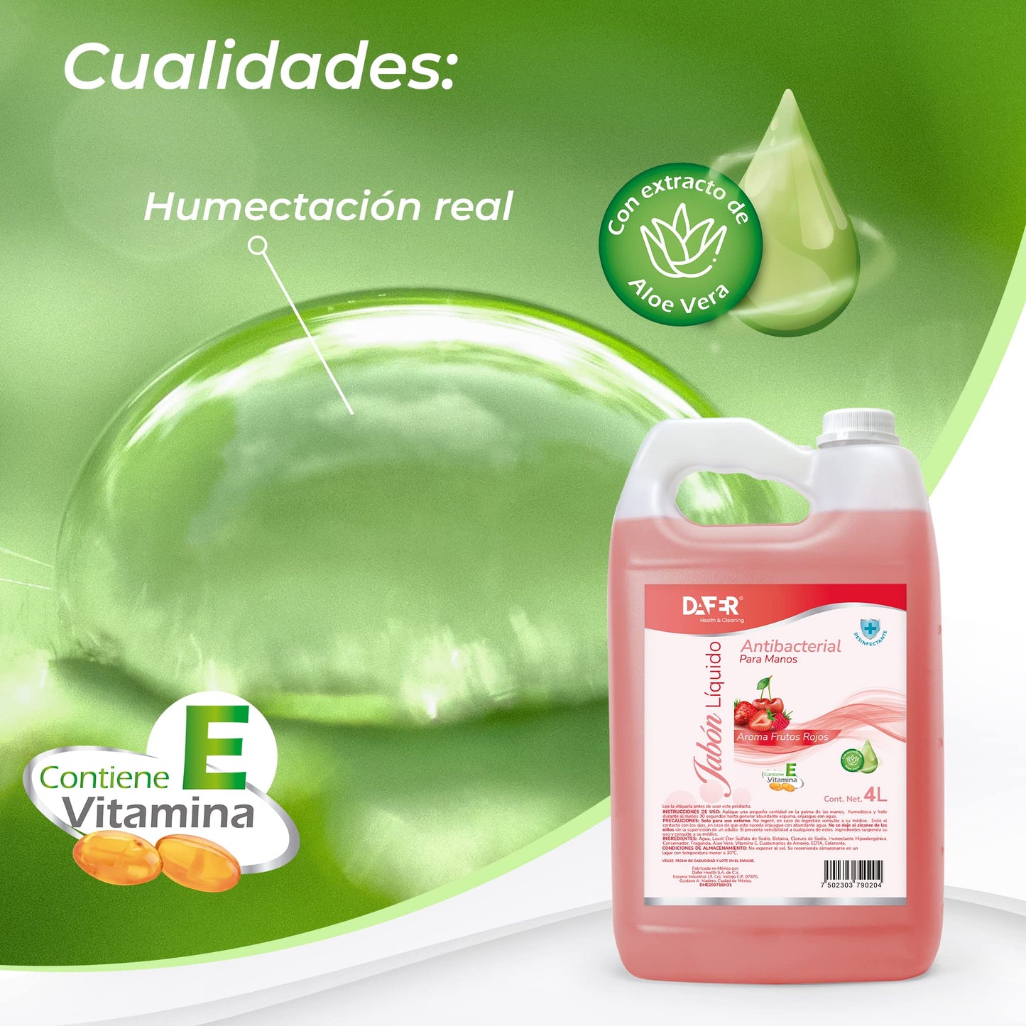 Dafer Health & Cleaning Jabón Líquido antibacterial para manos adicionado con Vitamina E y Aloe Vera por galón o garrafa, buena consistencia, shampoo para manos. (Frutos Rojos, 4L)
