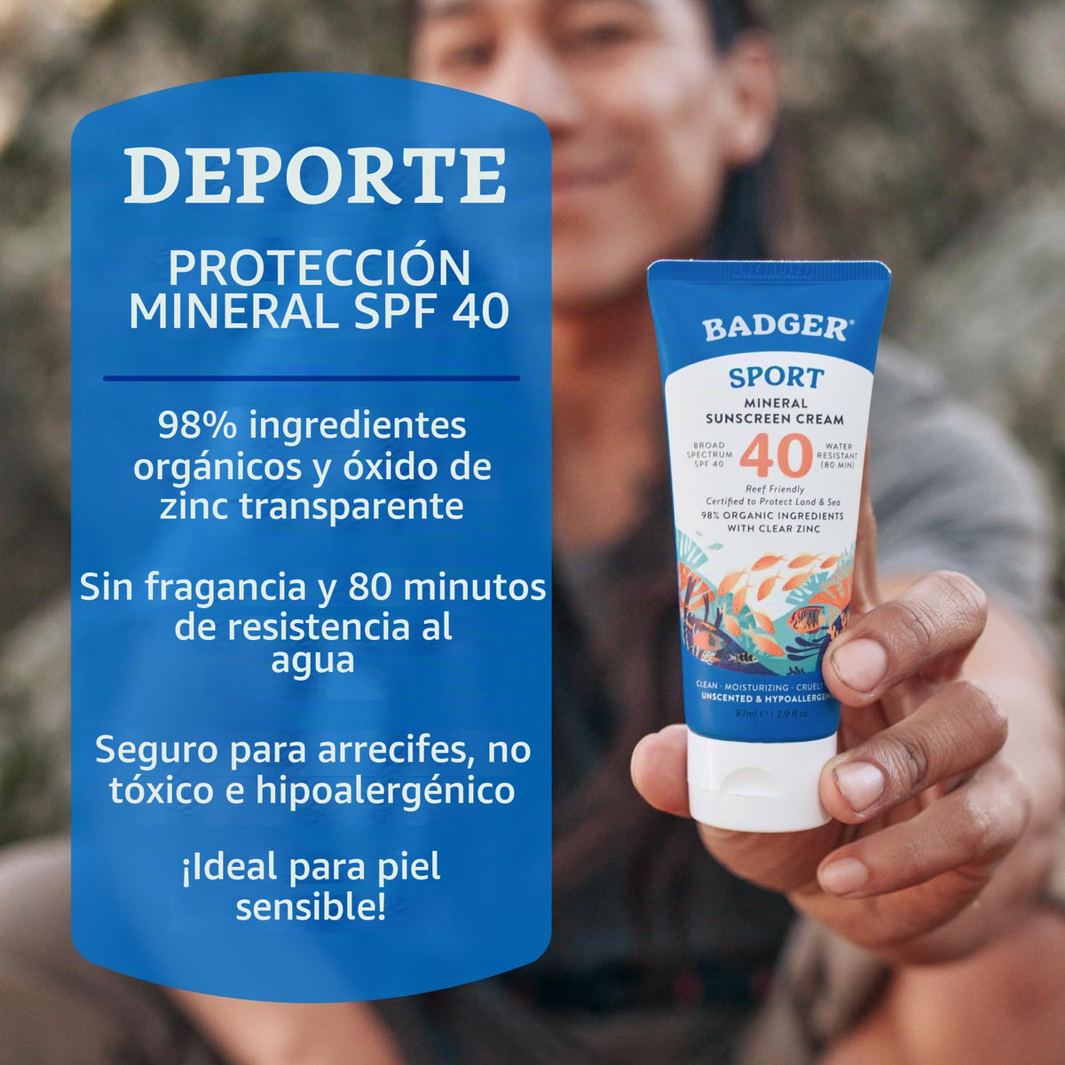 Badger Protector Solar Seguro Para Arrecifes, Sin Perfume, Fps 40, Mineral, 98% Orgánico, Zinc Resistente Al Agua, Aprobado Para Los Arrecifes De Hawái Y México, 85 Ml (2.9 Onzas Líquidas).