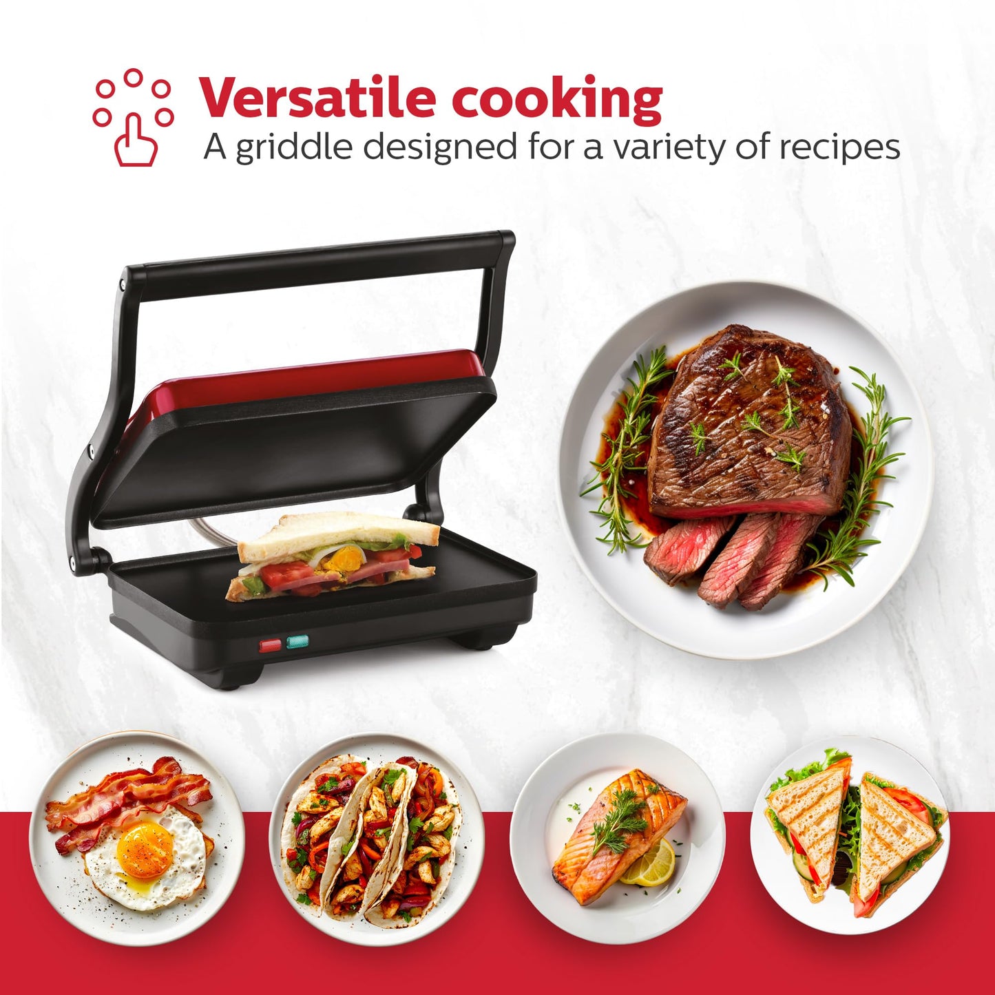 Holstein Housewares - Plancha eléctrica de 2 rebanadas, sandwichera antiadherente con temperatura ajustable, mango de tacto fresco, rojo metálico
