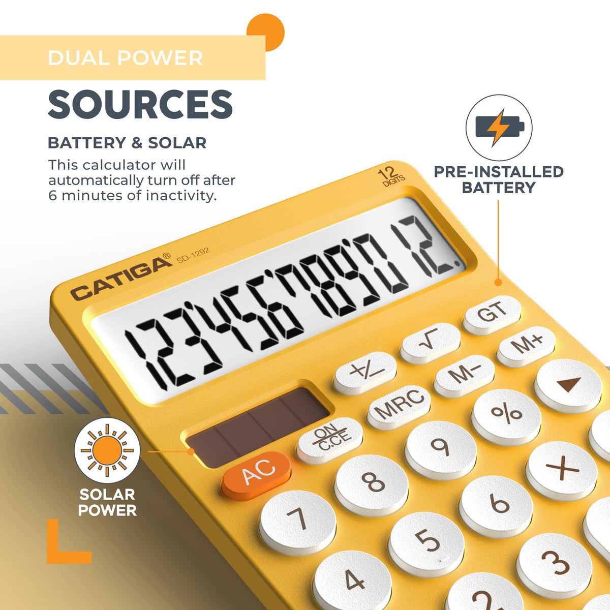Calculadora Básica CATIGA LCD Grande Negro Energía Solar y Batería de Doble Potencia