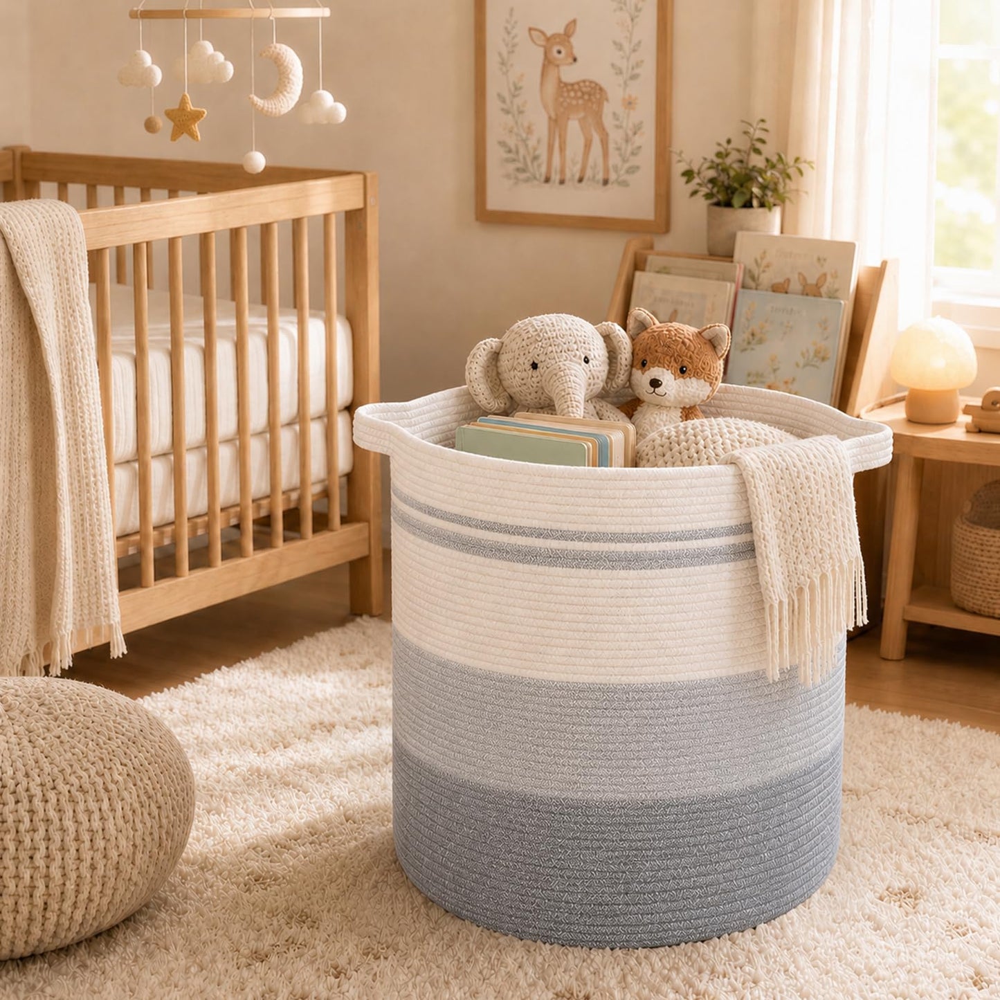 OIAHOMY - Cesta de lavandería de 80 litros con asas, cesta decorativa para sala de estar, cesta de almacenamiento tejida para contenedor de juguetes, almohadas, mantas, ropa, 20 x 18 pulgadas, gris