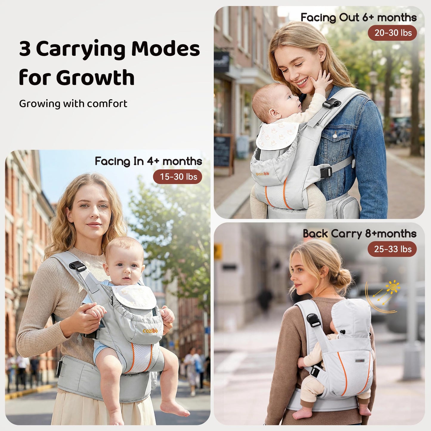 CoziBB - Portabebés 3 en 1 con cinturón de cintura con cojín de aire, ajustable y ergonómico, portabebés de recién nacido a niño para niños de 8 a 33 libras, portabebés con cinturón de doble bloqueo