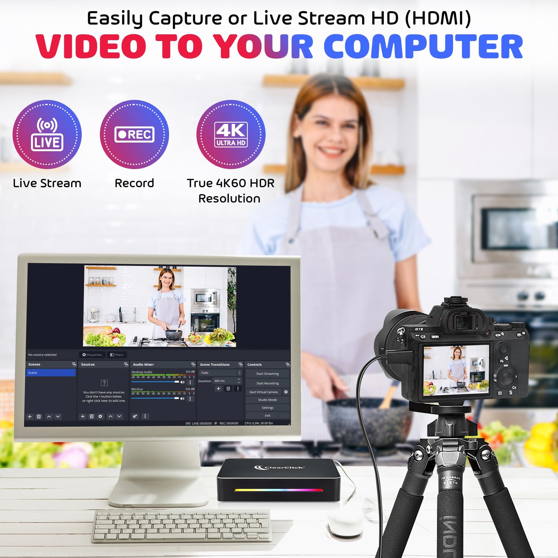 ClearClick - Caja de captura de video HD 4K Extreme - Captura y transmisión en vivo de video HD - Grabación 4K60 verdadera - Entrada HDMI y paso a través - USB Plug & Play