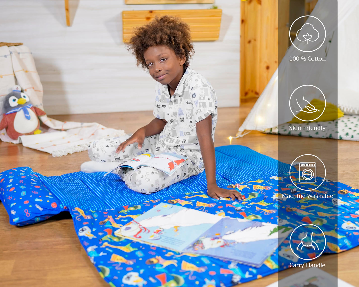 Maison d'Hermine - Tapete de siesta de superhéroe con almohada y manta reutilizables de 55 x 27 x 1.5 pulgadas, para niños y niñas, tapete de dormir preescolar con correas de transporte para el