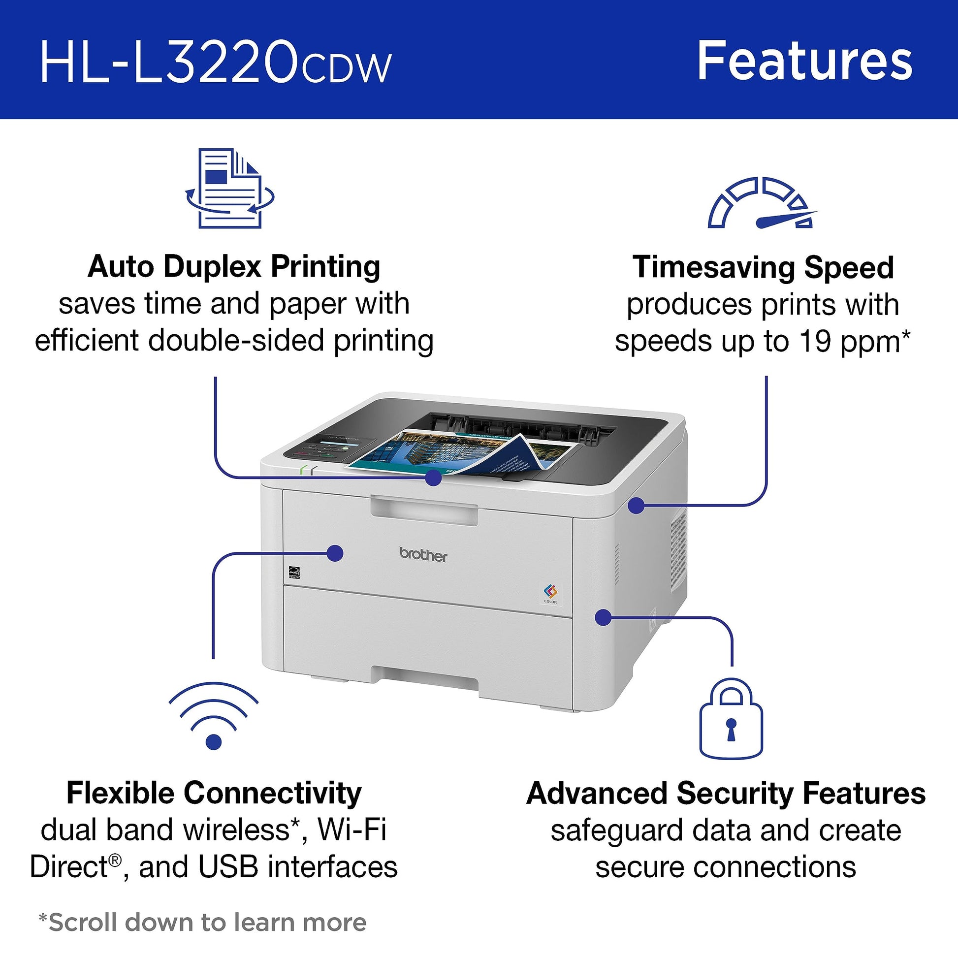 Brother Impresora láser Color con impresión inalámbrica rápida de Salida de 19 ppm, función dúplex, Compatible con Dispositivos móviles, Bandeja de Papel de 250 Hojas para impresión Profesional de