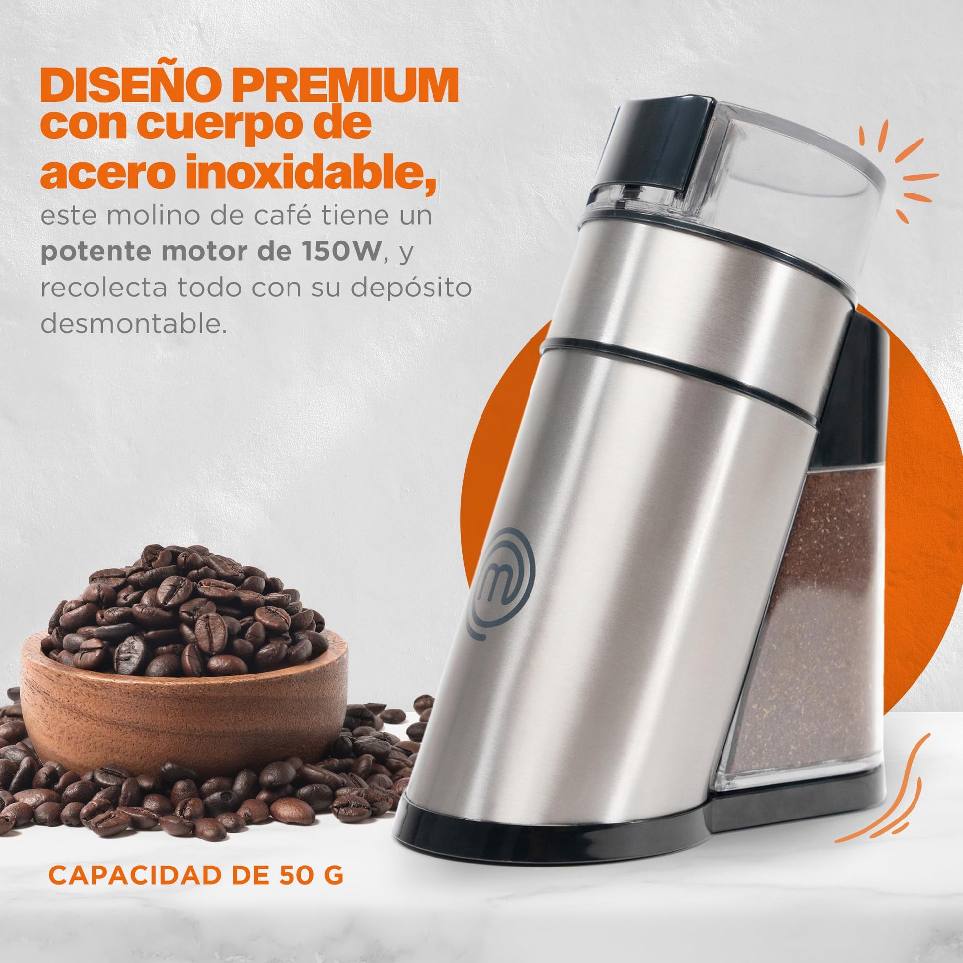 Molino de Café y Especias MasterChef Hukën Acero Inoxidable Motor 150W Ideal para Molido Perfecto