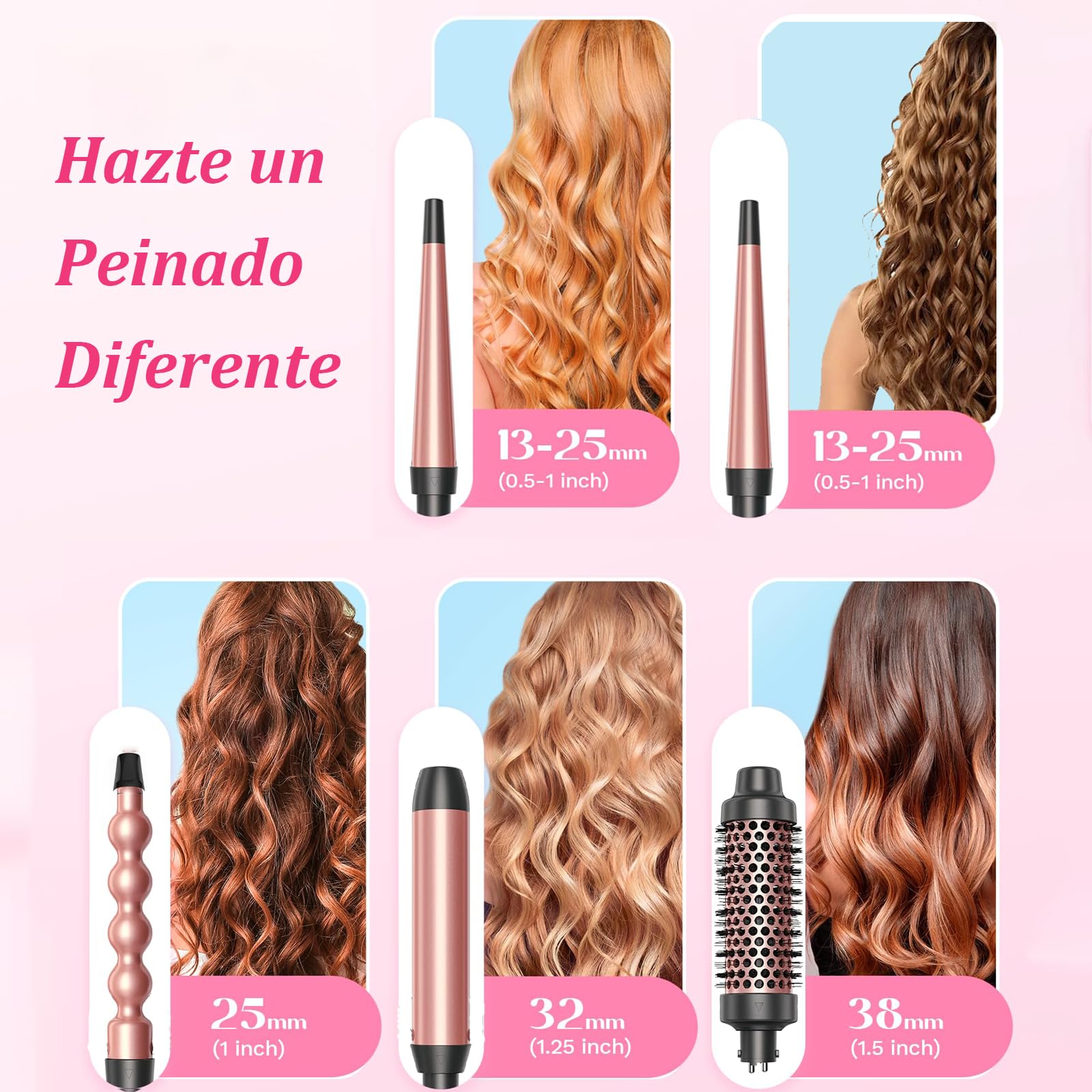 Rizador de Cabello 4 en 1 con Cepillo y Accesorios - Varillas de Cerámica Ajustables para Peinado Rápido y Fácil de Cabello Largo y Corto - Calentamiento Instantáneo - Herramientas Profesionales de Peinado