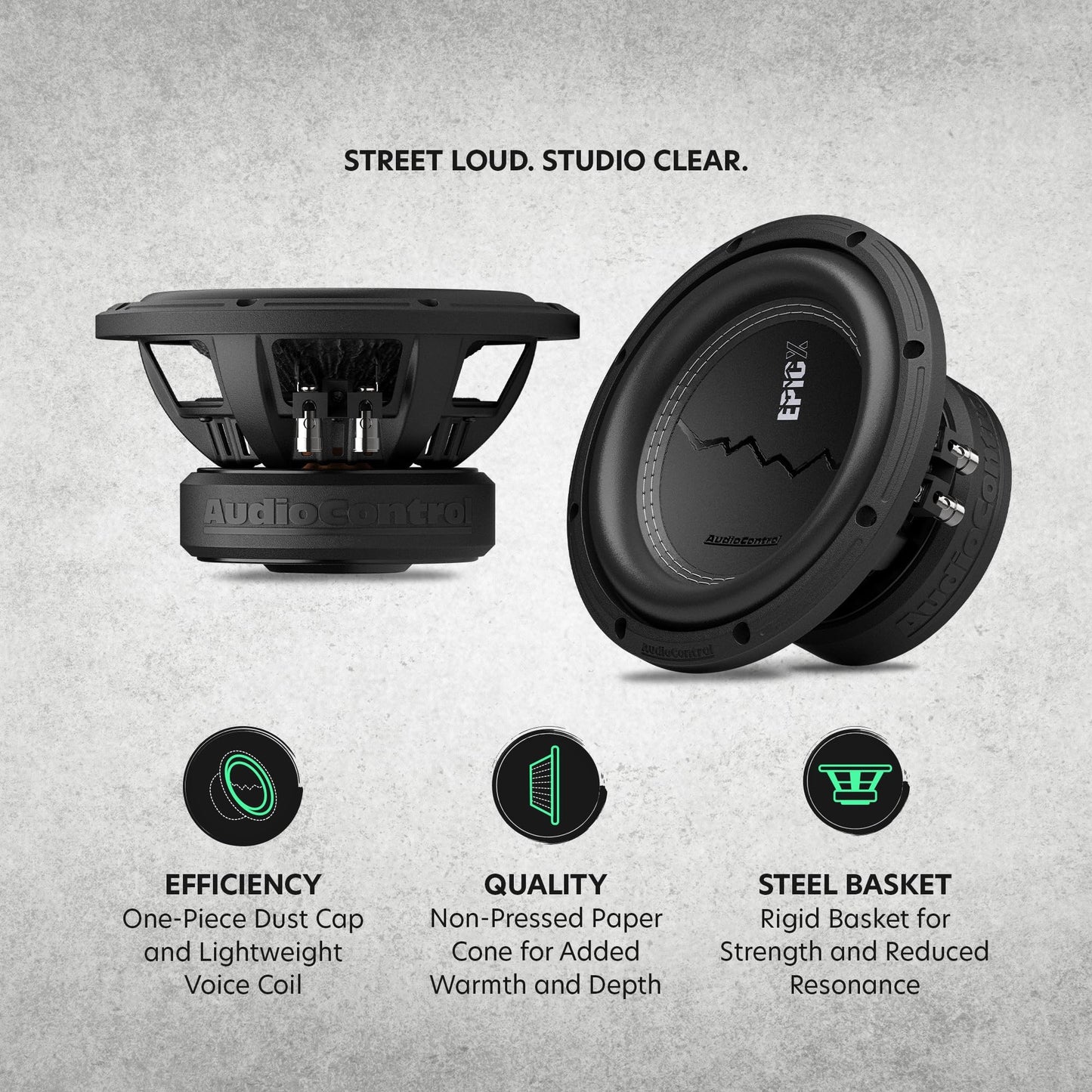 AudioControl EPICX Series - Altavoz de subwoofer para coche de 8 pulgadas, potencia máxima de 600 W (400 W RMS), bobinas de voz duales de 2 ohmios, subwoofer Loud Pro StreetBass para sistema de audio