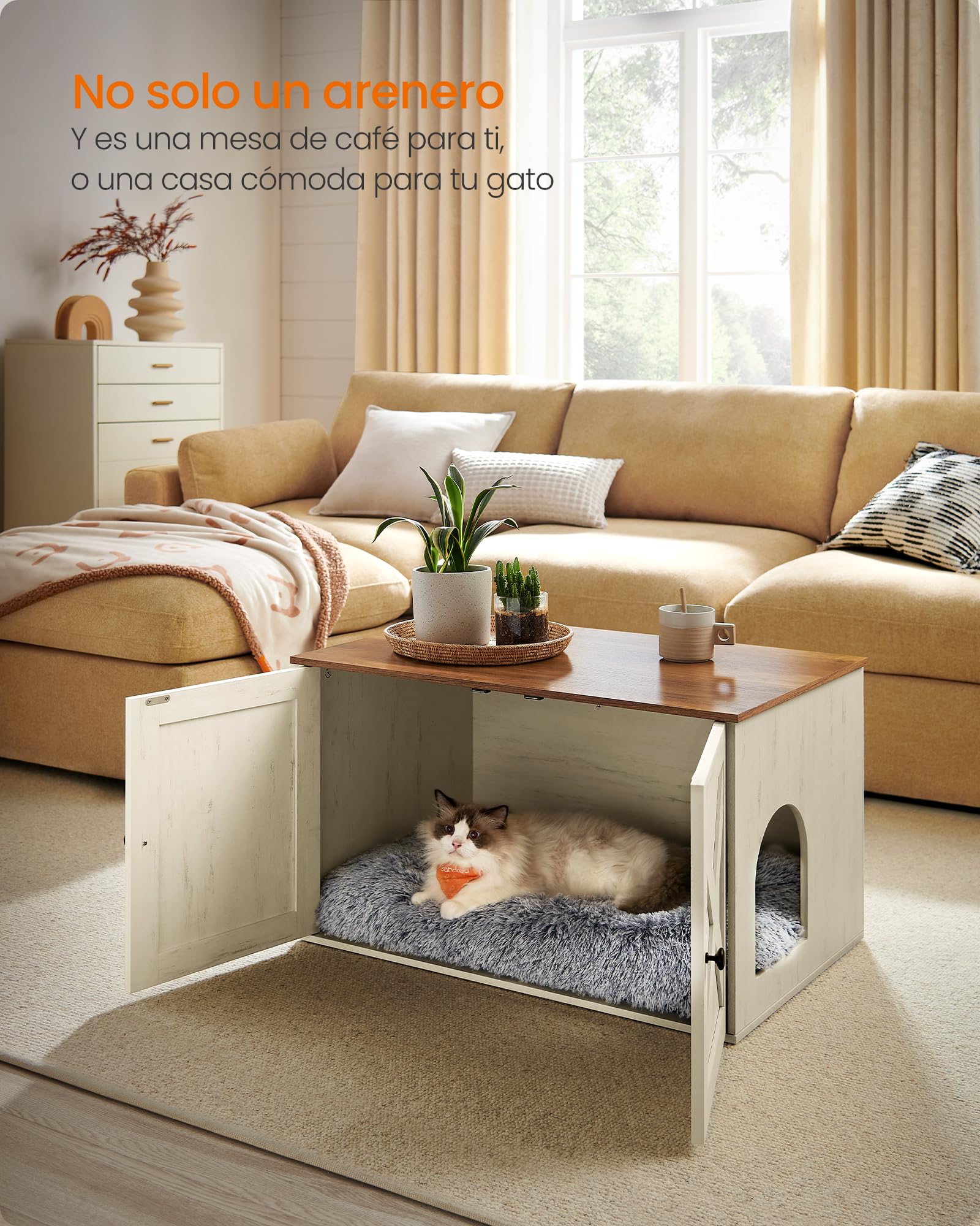 Feandrea Arenero para Gatos, Caja de Arena Oculta, con Separador Extraíble, 80 x 53 x 50 cm, Marrón Miel y Blanco Rústico MPCL002P01