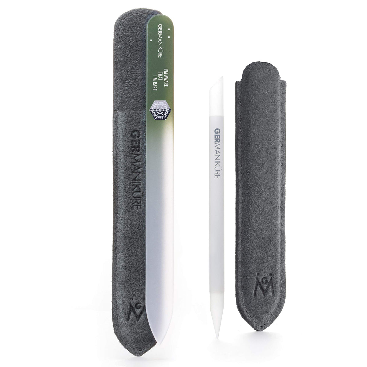 GERMANIKURE Crystal Glass Cuticle Stick & I'M AWARE THAT I'M RARE Nail File Set in Suede Leather Case – Handmade in Czech Republic – Professional Manicure Supplies – Cuticle Pusher, Callous Remover