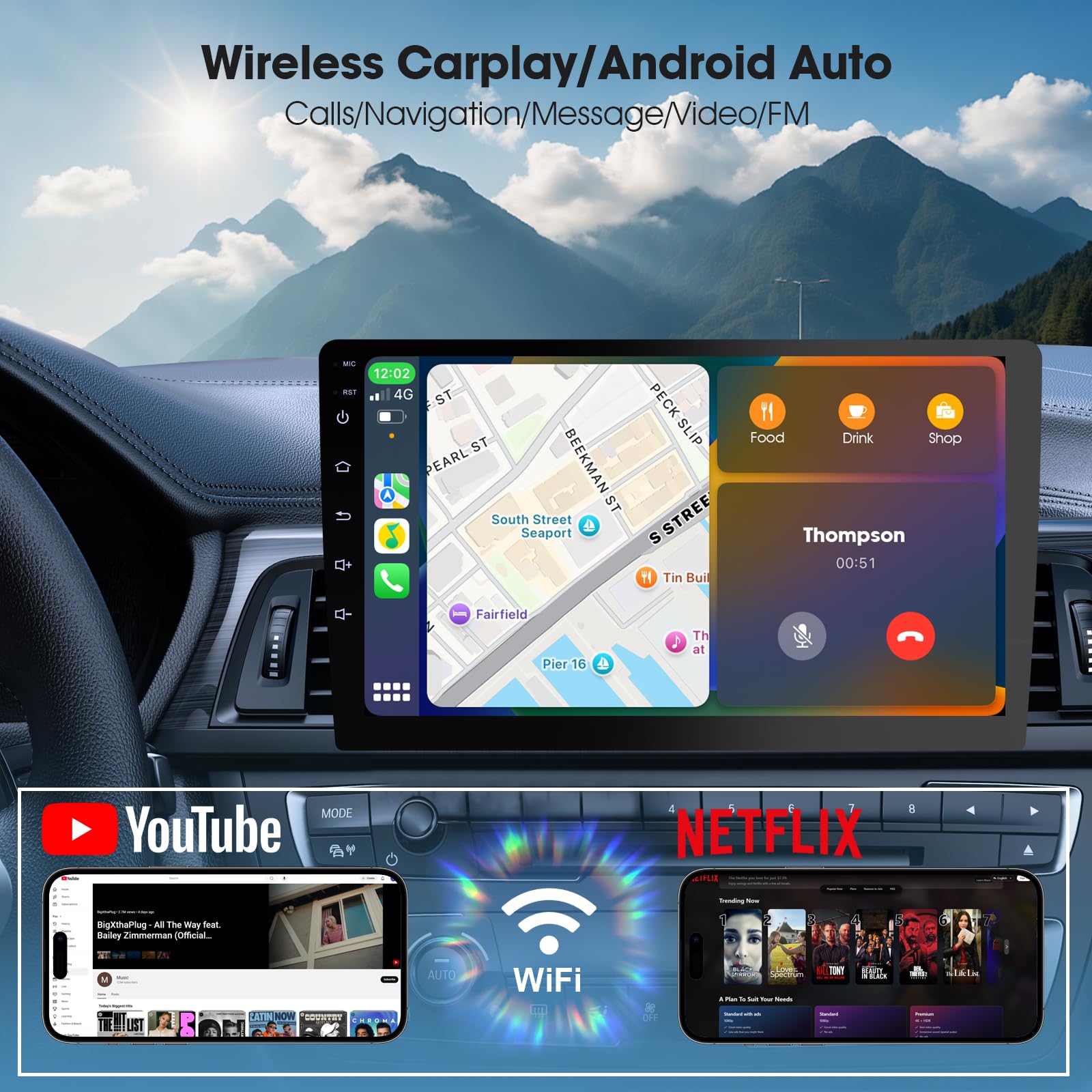 Estéreo inalámbrico de doble DIN para coche con Apple CarPlay/Android Auto, visualización Carplay para coche, control de voz con cámara de respaldo, Bluetooth, navegación, enlace de espejo (9 pulgadas