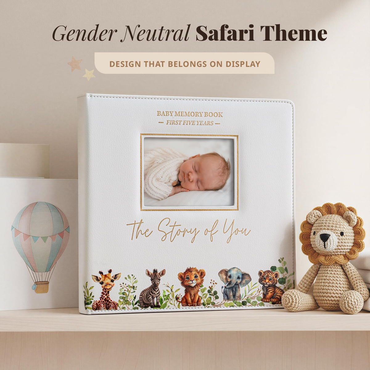 Libro de Recuerdos para Bebé Safari First 5 Year Faux Leather Neutral para Niño o Niña