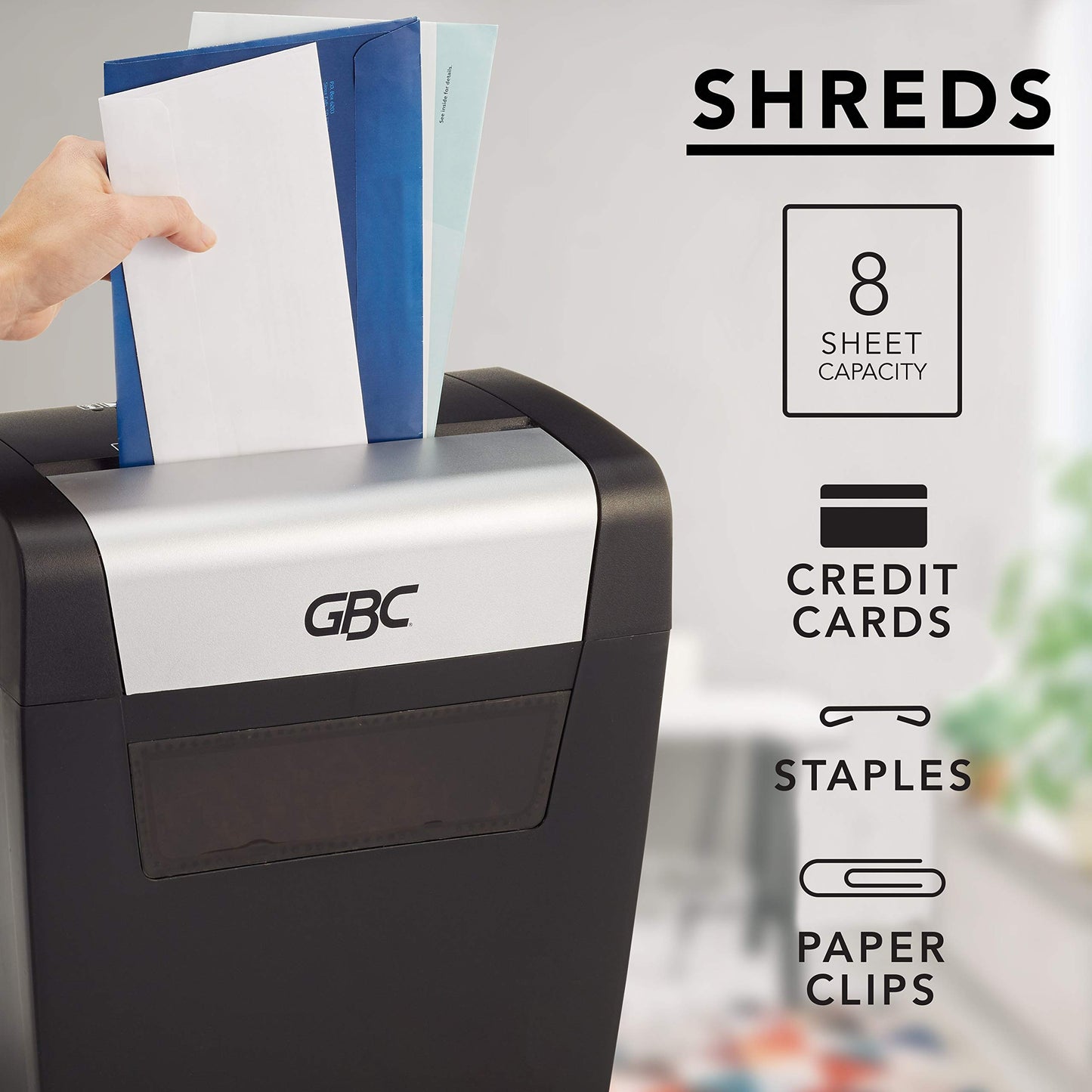 GBC Trituradora de papel PX08-04, corte cruzado, 8 hojas 1757404, 13.5" x 10" x 12.8", Orientación Lateral 1757404