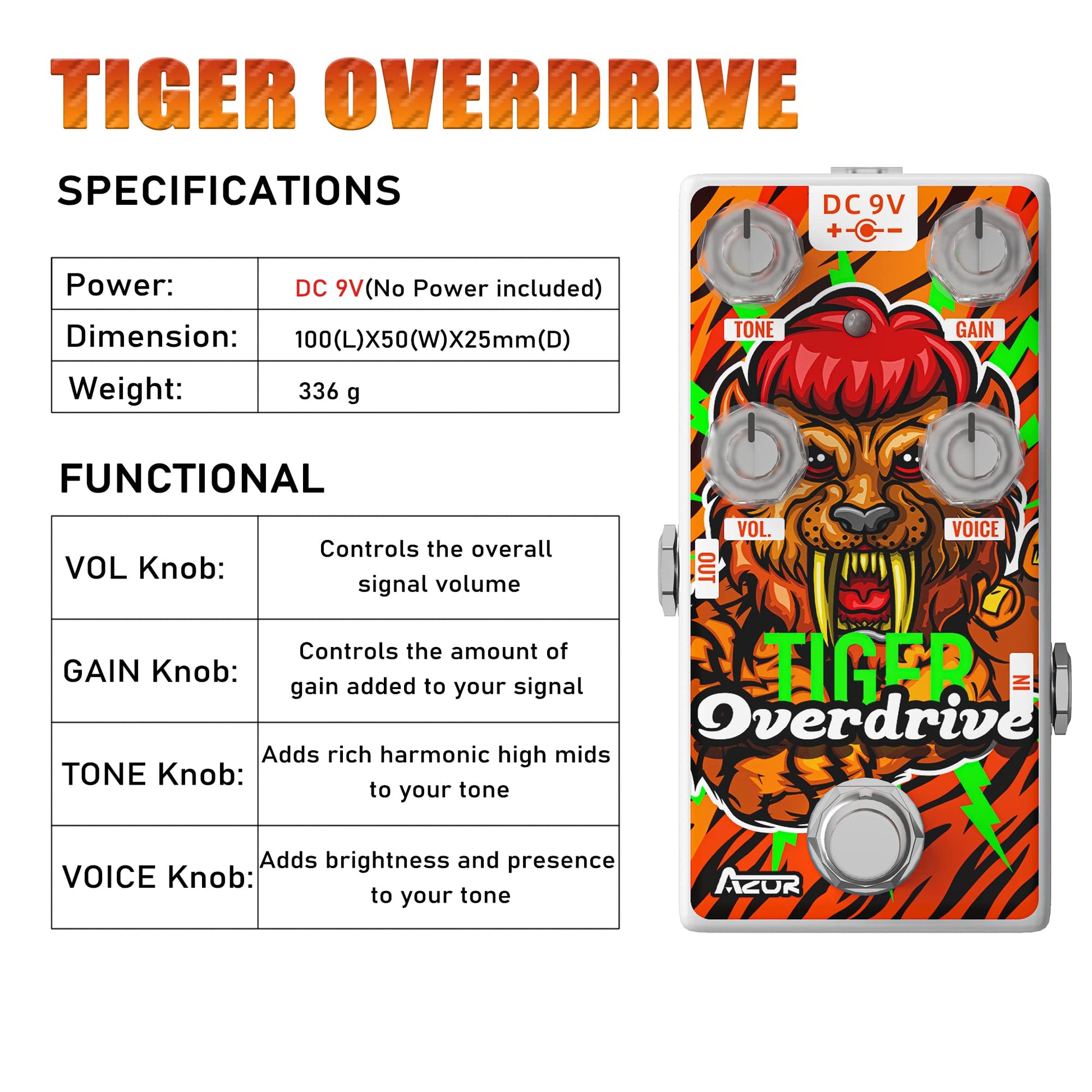 AZOR Overdrive - Pedal de efecto de guitarra analógica, clásico, efecto de conducción de tigre, para guitarra eléctrica, pedal de derivación real