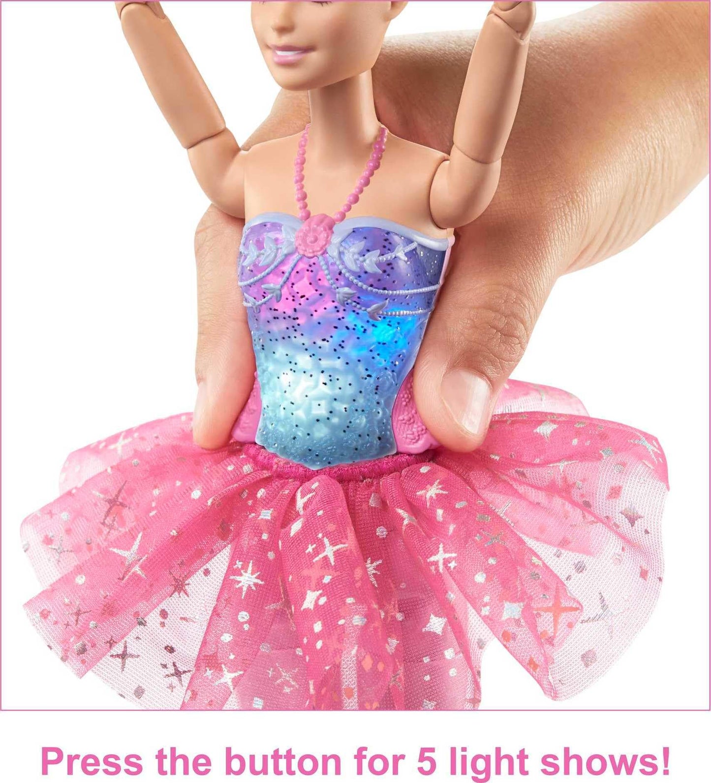 Barbie, Fantasía, Muñeca Bailarina con Luces Brillantes, Tutú Rosa, para Niñas de 3 Años en Adelante, Mattel, ¡Todo es mágico en el Ballet!, Diviértete con Sus 5 Luces Que Muestran Diferentes Colores