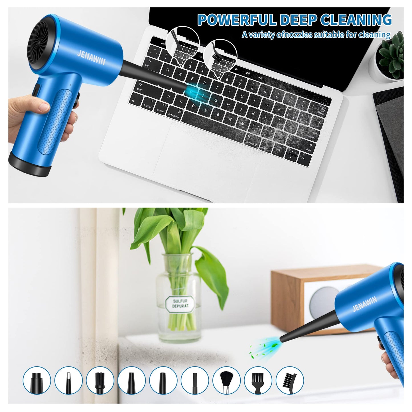 Jenawin - Plumero eléctrico de aire comprimido, 3 velocidades 91000 RPM, 8000 mAh recargable, kit 14 en 1 con LED, para computadoras, teclados, coches y más