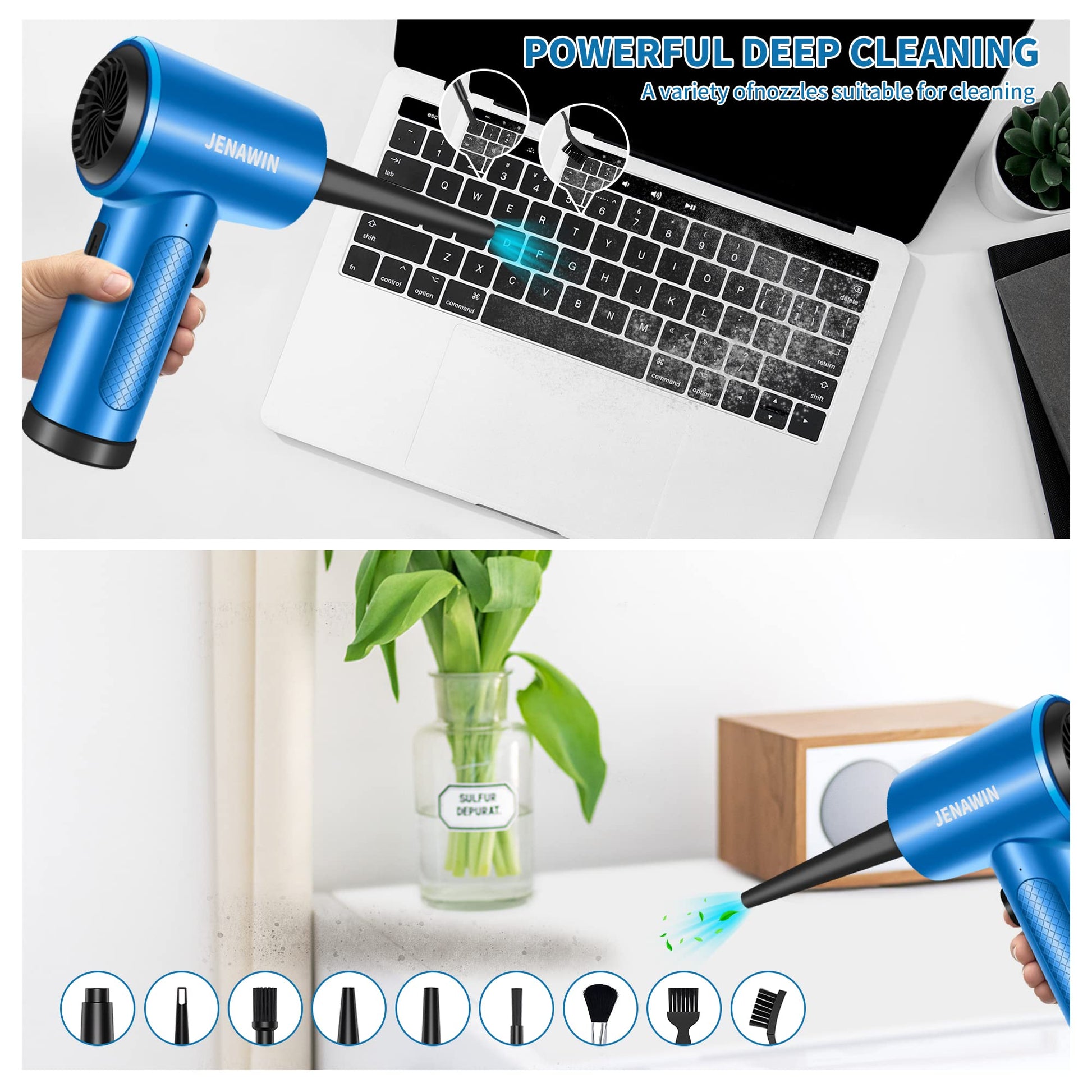 Jenawin - Plumero eléctrico de aire comprimido, 3 velocidades 91000 RPM, 8000 mAh recargable, kit 14 en 1 con LED, para computadoras, teclados, coches y más
