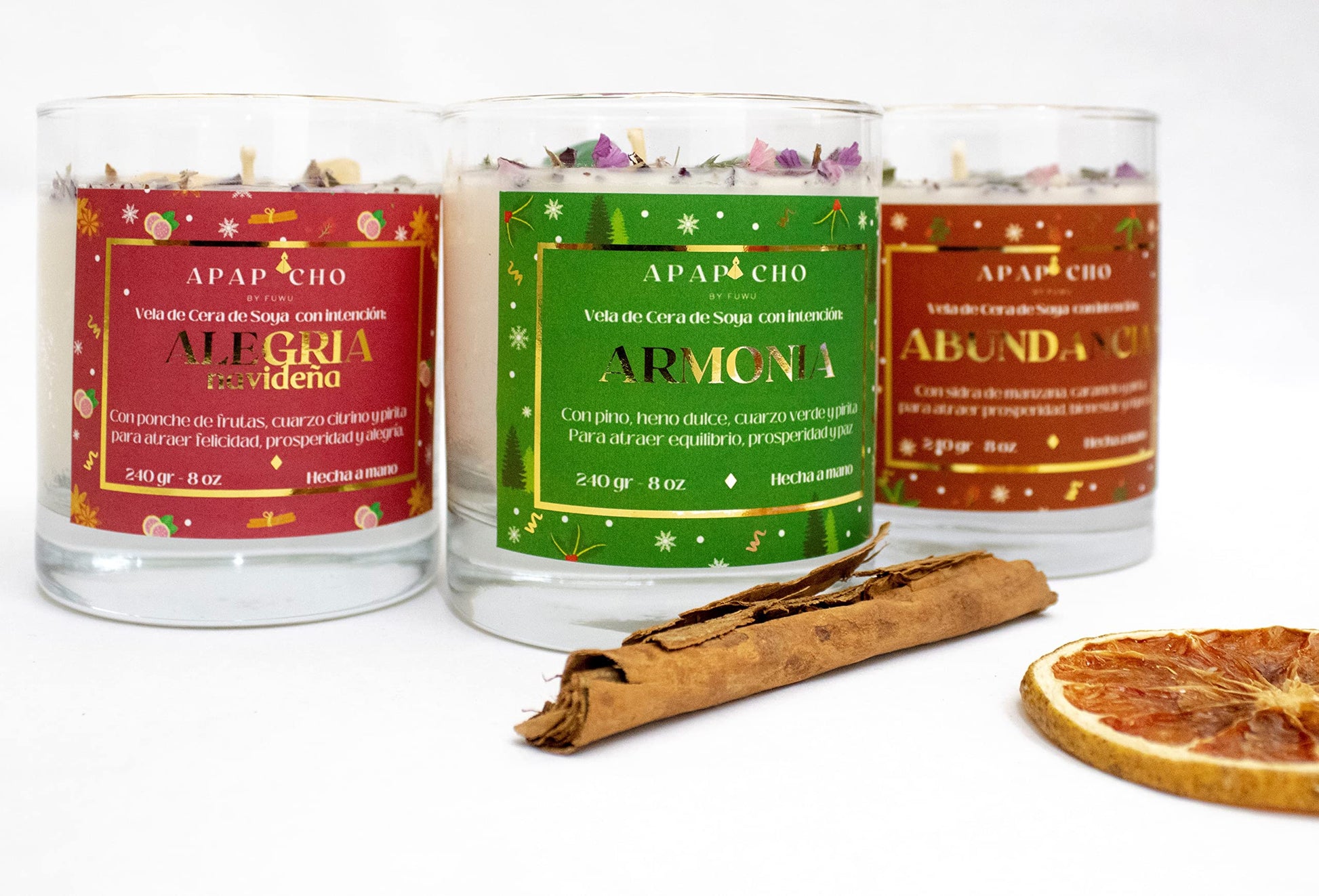 Fuwu, velas aromaticas edicion navidad de cera de soya con cuarzos naturales, velas decorativas hechas a mano con flores secas para decoracion navidad o regalos navideños Sidra de Manzana con caramelo
