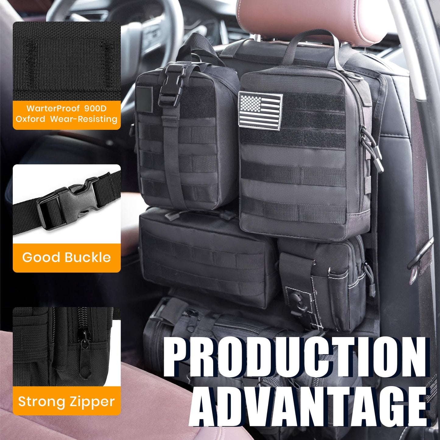 HMLIN OUTOOORS Paquete de 6 organizadores tácticos MOLLE para asiento de coche, negro, universal, con 5 bolsas MOLLE desmontables, parche y llavero de la bandera de Estados Unidos