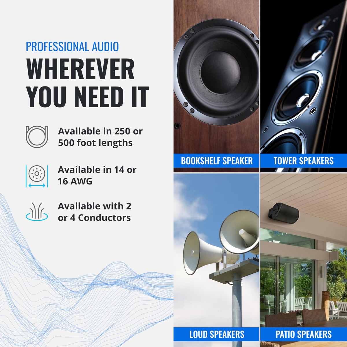 Cable de Altavoz Cables Direct Online Blanco 16AWG para Exteriores con 2 Conductores y CCA para Entierro Directo