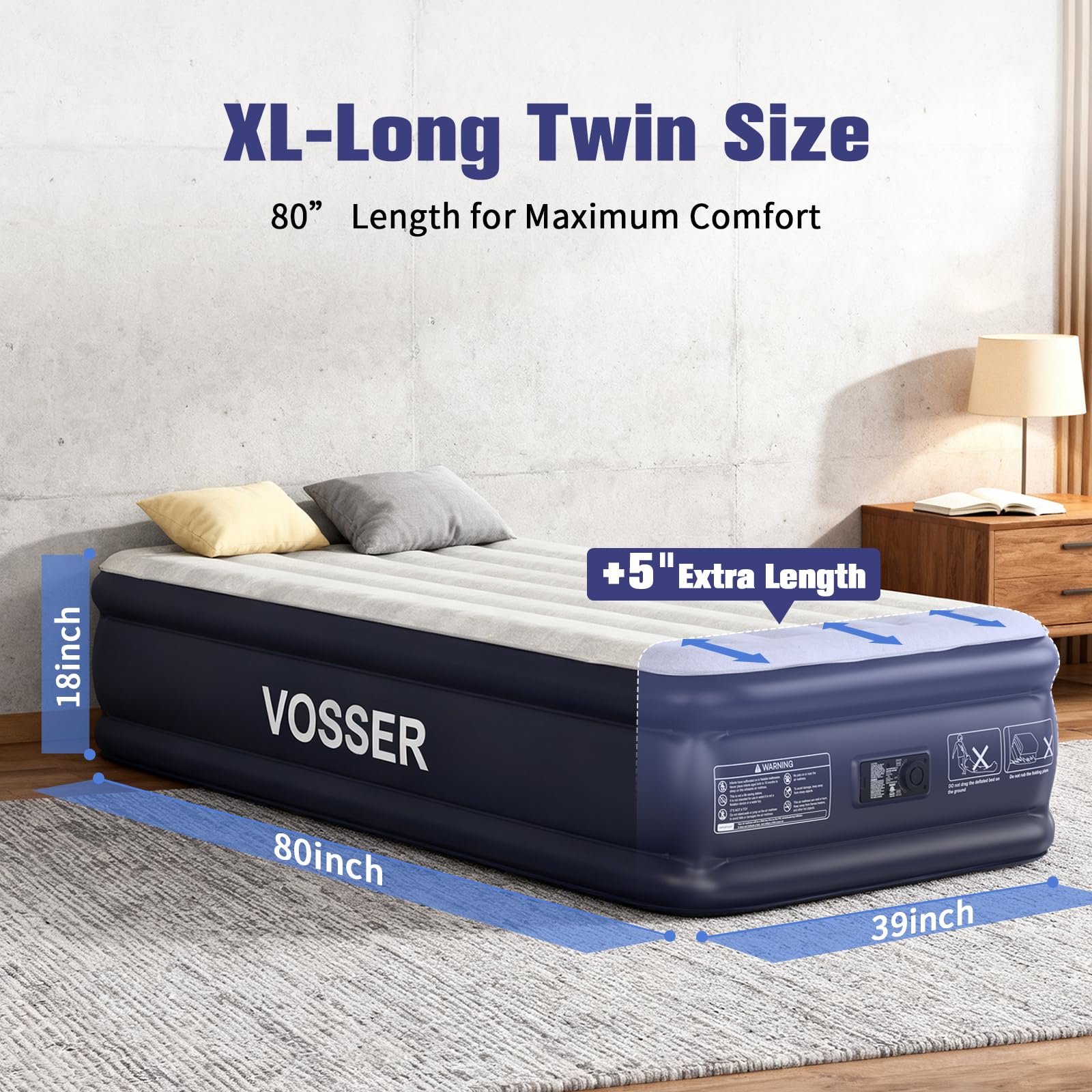 VOSSER - Colchón de aire individual XL con bomba incorporada, 80 pulgadas de largo, colchón inflable mejorado de 18 pulgadas, colchón hinchable auto inflable en 2 minutos, colchón de aire de tamaño