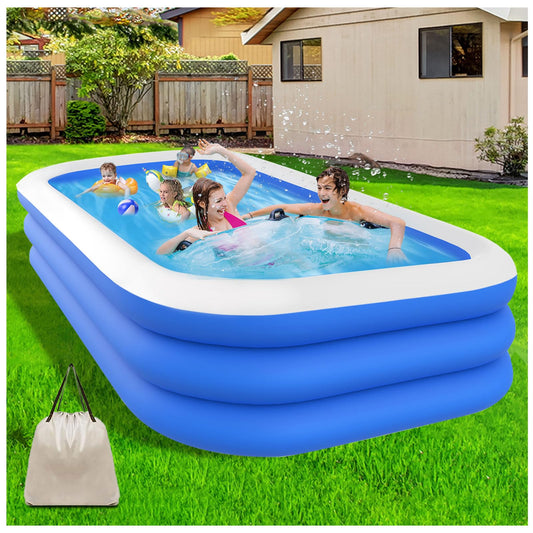 JNNQI Piscina Inflable Familiar 260x175x60 CM, Alberca Inflable Familiares Triple Grande Rectangular con Bolsa de Almacenamiento, Fiesta Acuática de Verano, Piscina Inflable al Aire Libre (Azul)