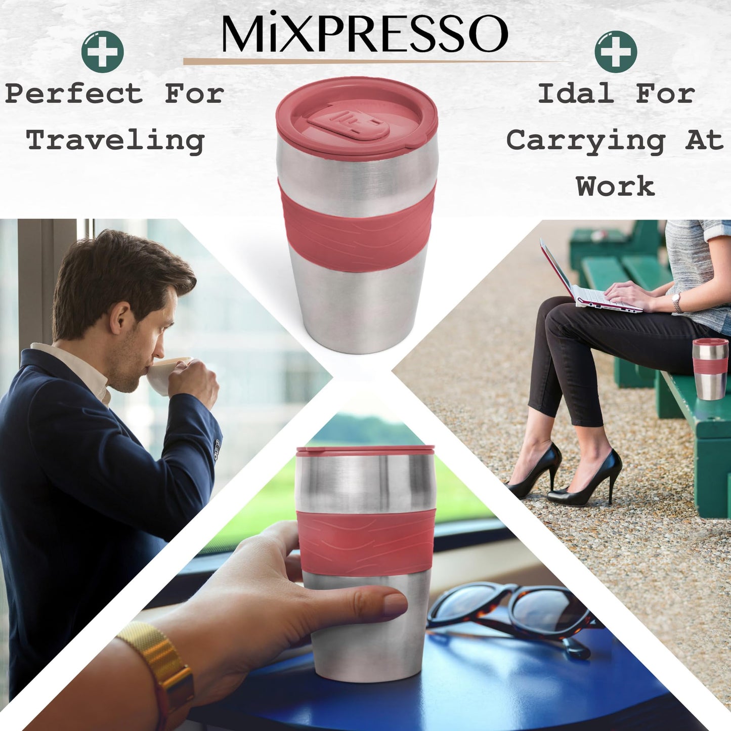 Mixpresso - Cafetera personal y taza de viaje de 14 onzas, cafetera pequeña y vaso de goteo, apagado automático y filtro reutilizable, cafetera roja compatible con posos de café