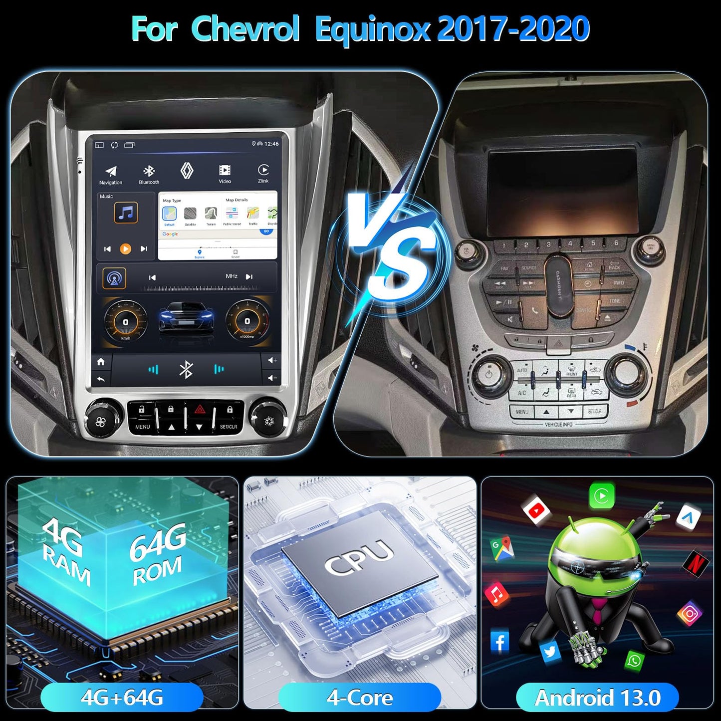 Estéreo para Auto Android 12, Pantalla Táctil HD de 10.1 Pulgadas, Reproductor de Radio con Navegación GPS WiFi y Cámara de Respaldo para Chevrolet Equinox, GMC Terrain 2012-2017 (2+32G Sin Bloqueo)