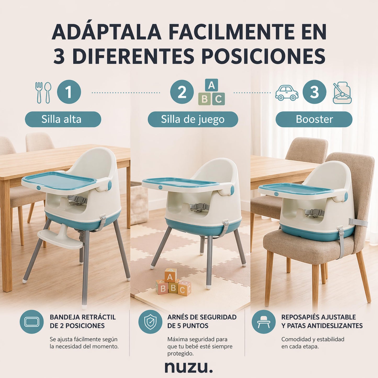 NUZU Periquera para Bebe 3 en 1 | Silla para Bebe Comer Multifuncional con Seguridad y Estilo | Versatilidad en Espacios Reducidos | Asiento Elevador Ajustable para Bebes 6 meses a 4 Años. (Azul)
