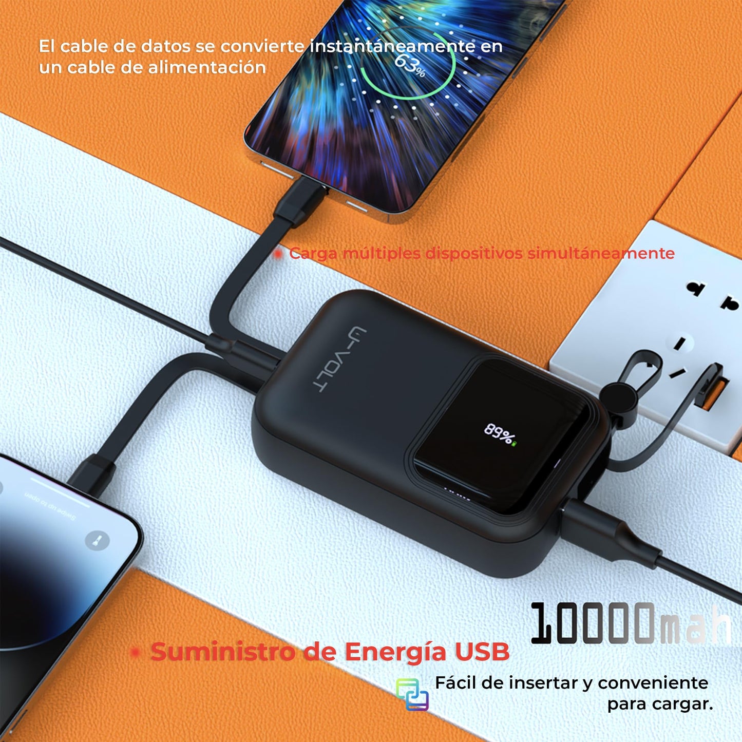 CELULARTE Power Bank U-Volt 10,000 mAh con Cables Integrados, Carga Rápida 22.5W, Batería Portátil con Pantalla Digital para iPhone, Samsung, Xiaomi, iPad y Más (Negro)