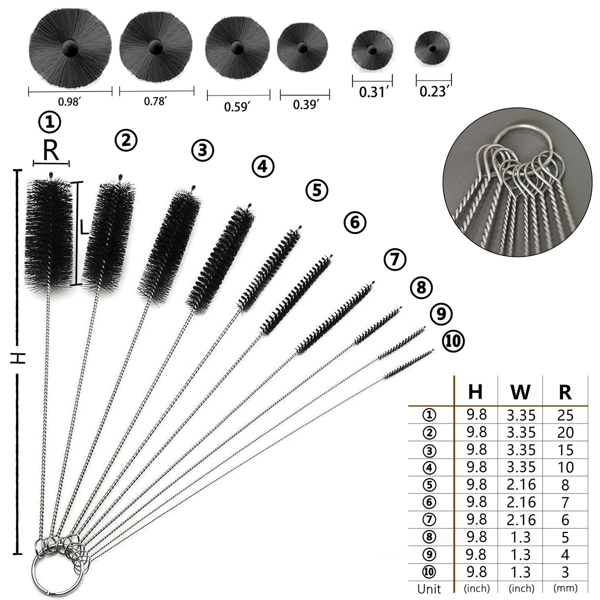 Cepillo de Pajilla Largo, Juego de Cepillos de Pajilla 10 Piezas, Cepillo de Pajilla para Vaso Térmico, Taza con Pitillo, Botella de Agua y Comederos para Colibríes. (Negro)