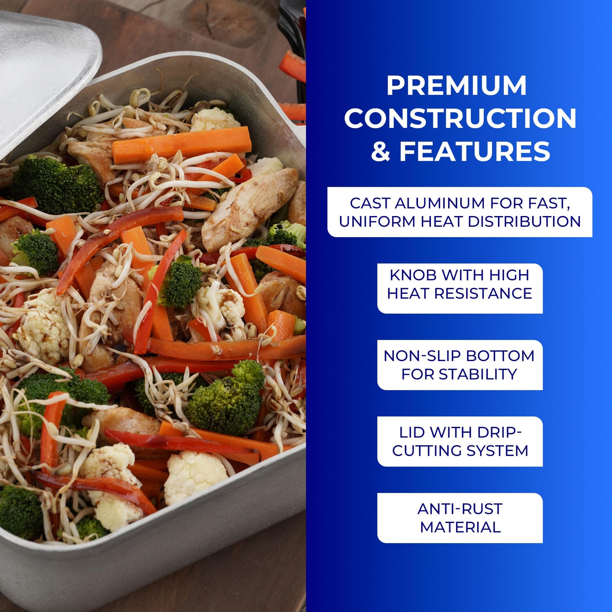 Caldero Cuadrado Universal Unique de 9 qt (24 tazas) – Olla de aluminio inoxidable apta para horno, tapa incluida, distribución uniforme del calor, ideal para guisos, arroces y comidas familiares