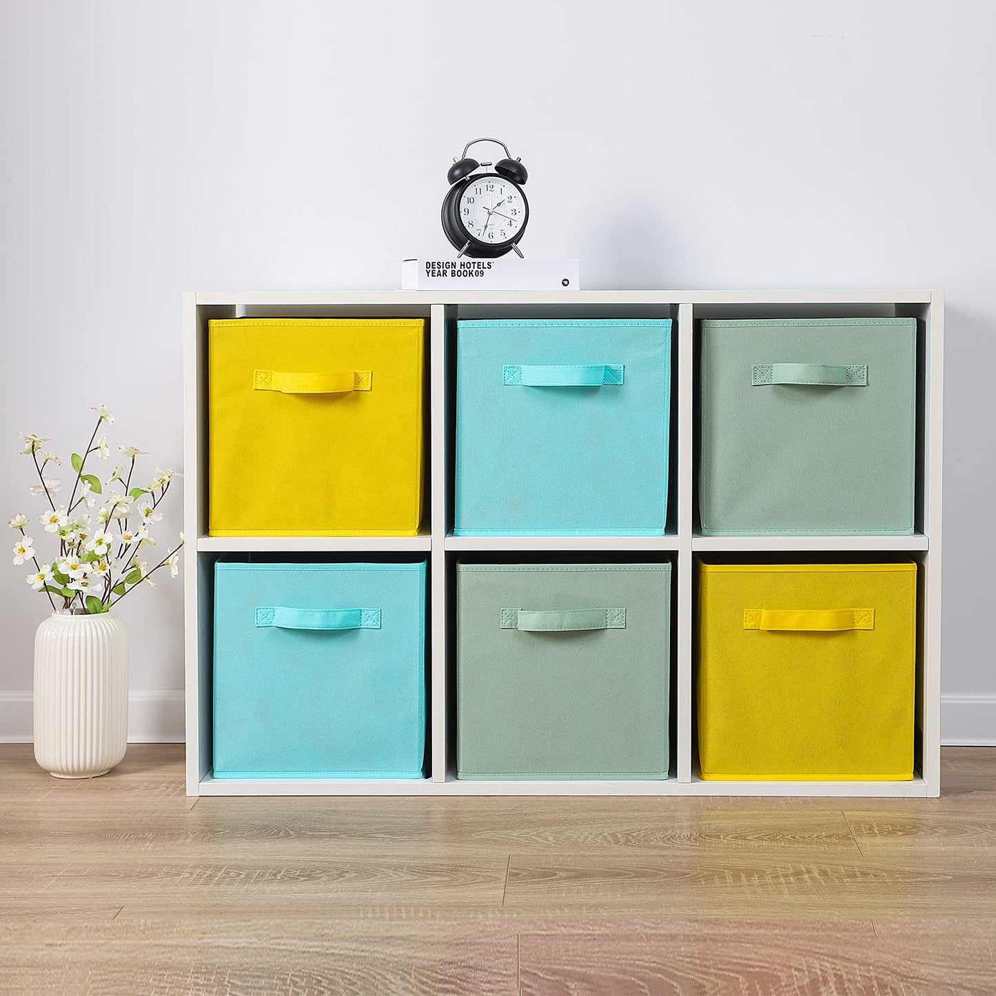 Cubos de tela para almacenamiento de 13 x 13 x 13 pulgadas, paquete de 6, divertidos cubos de almacenamiento de colores con asas, los niños,cian, verde, amarillo