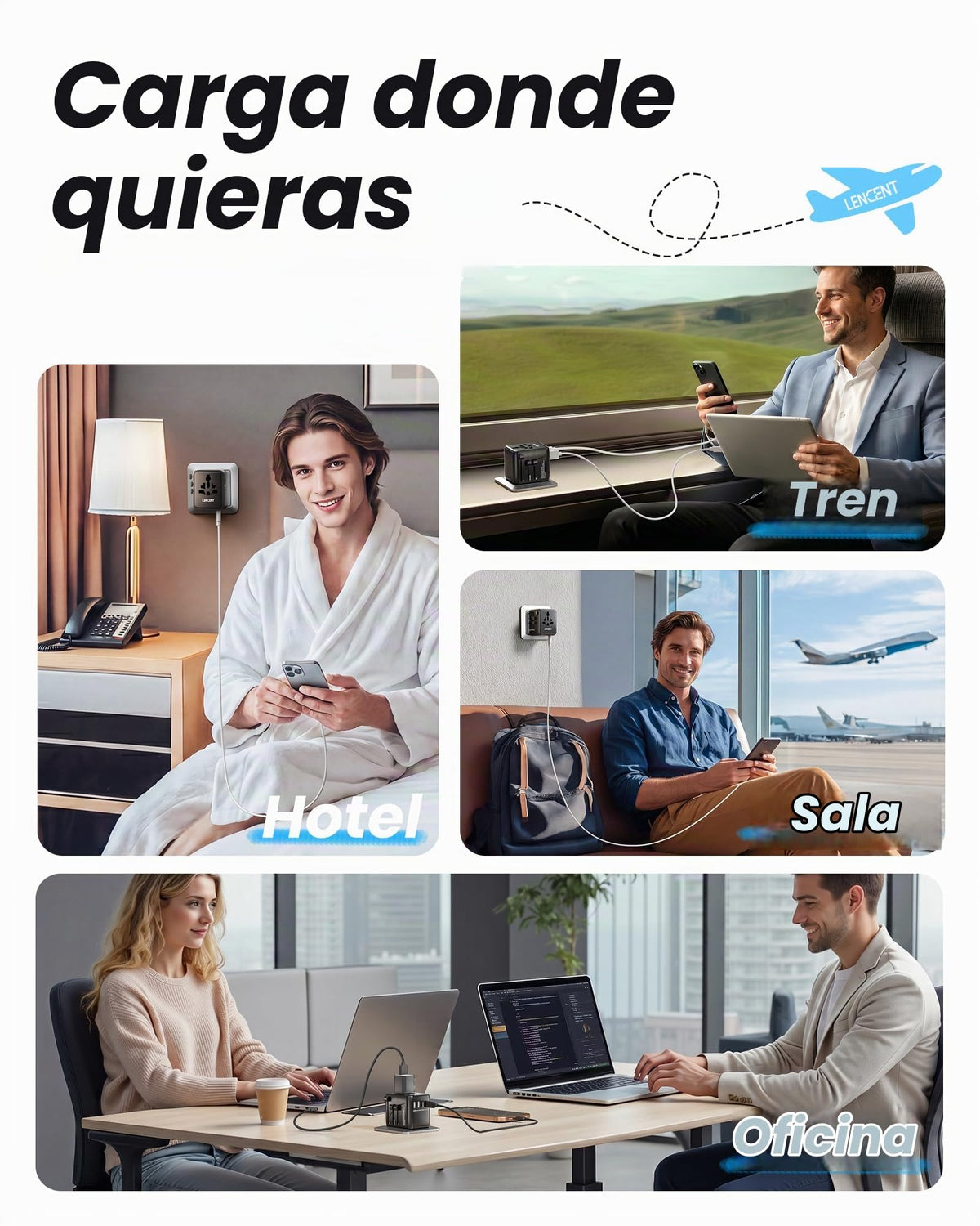 Adaptador de Viaje Universal LENCENT Blanco con Cargador Internacional