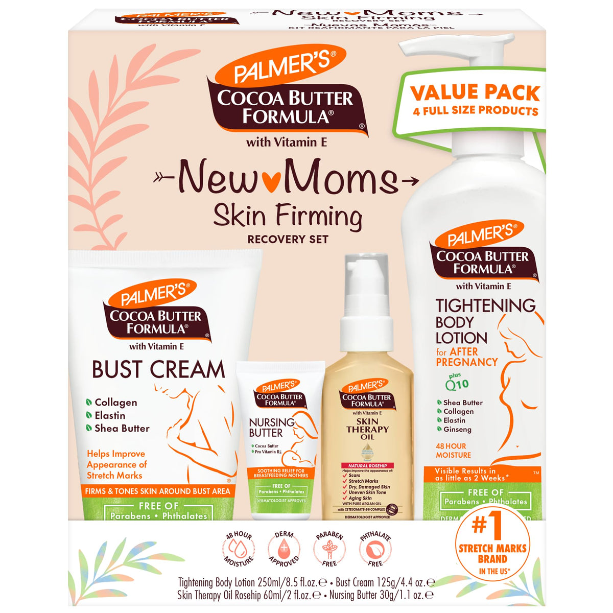 Skin Recovery Set for New Moms from Palmer's Cocoa Butter Formula | Skincare Essentials for After Pregnancy Care | Free of Parabens & Phthalates | 4 Piece Kit