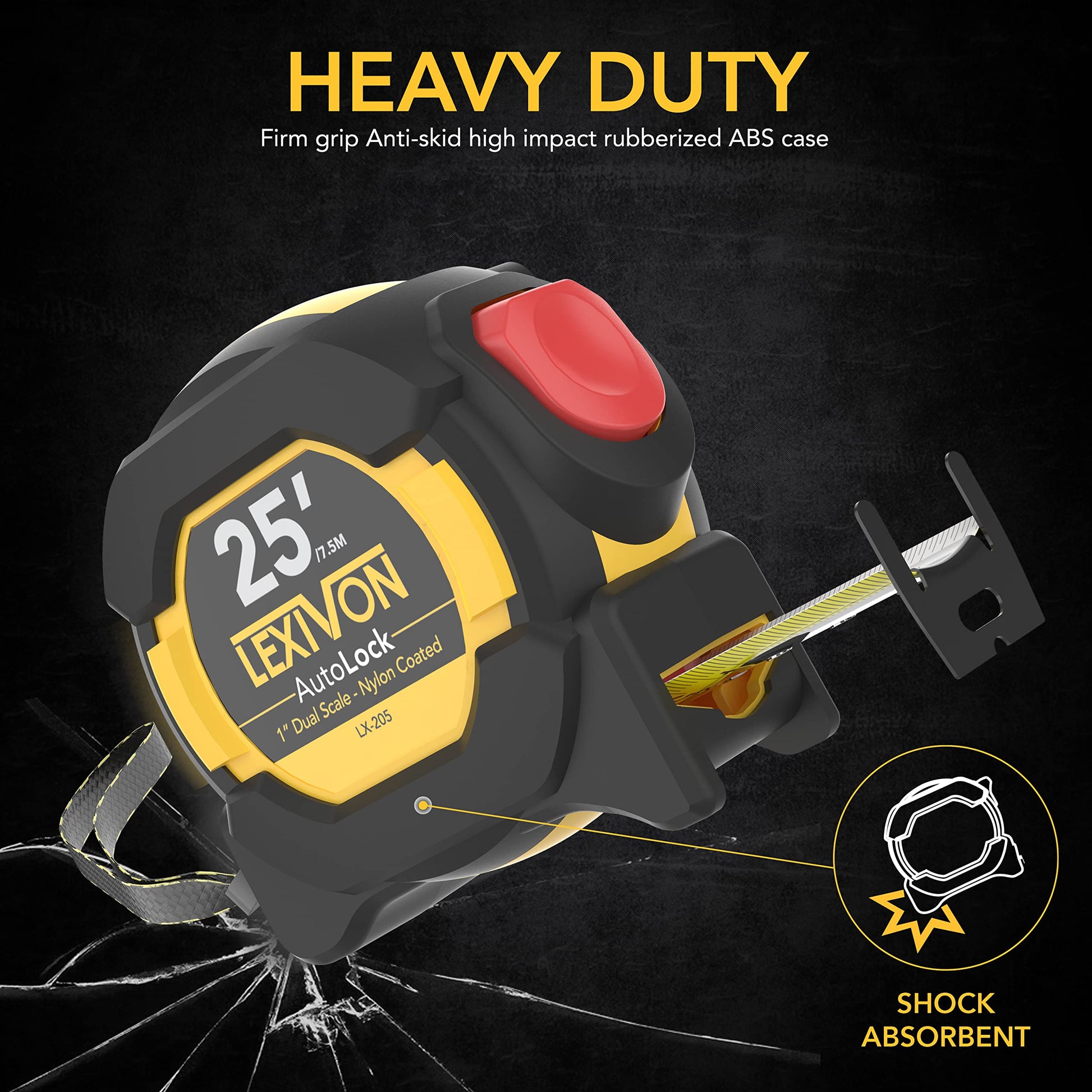LEXIVON Cinta métrica AutoLock de 25 pies / 7.5 m | Hoja de 1 pulgada de ancho con revestimiento de nailon, acabado mate, impresión de regla de doble cara blanca y amarilla | Pies/Fracciones/métrico (LX-205)