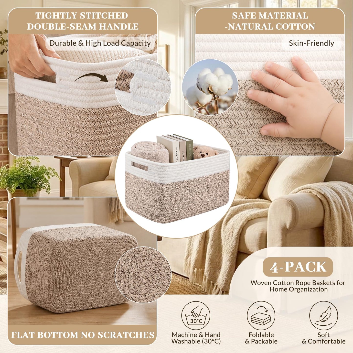 OIAHOMY Paquete de 4 cestas de almacenamiento con asa, cestas para organizar, cestas tejidas para juguetes, toallas, libros, cestas de almacenamiento para estantes, 13 pulgadas de largo x 9 pulgadas