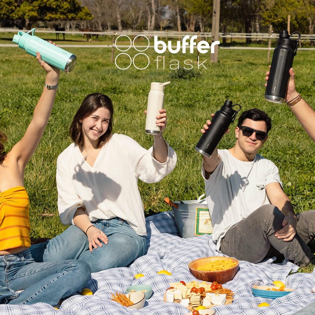 BUFFER FLASK - Termo de Acero Inoxidable | Botella Aislante para Bebidas, Agua Fría (24 horas) o Caliente (12 horas) | Antigoteo, Hermético| Incluye tapas | 1000 ml - 32 Oz| Color Black