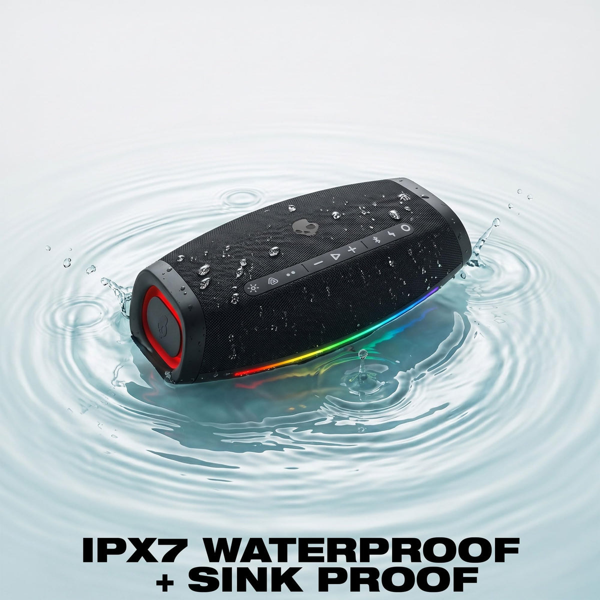 Altavoz Bluetooth Portátil Skullcandy Negro con Mosquetón y Correa Integrados, IPX7 Impermeable, Powerbank USB-C, Auracast Multi-Speaker Link y LED Lightshow