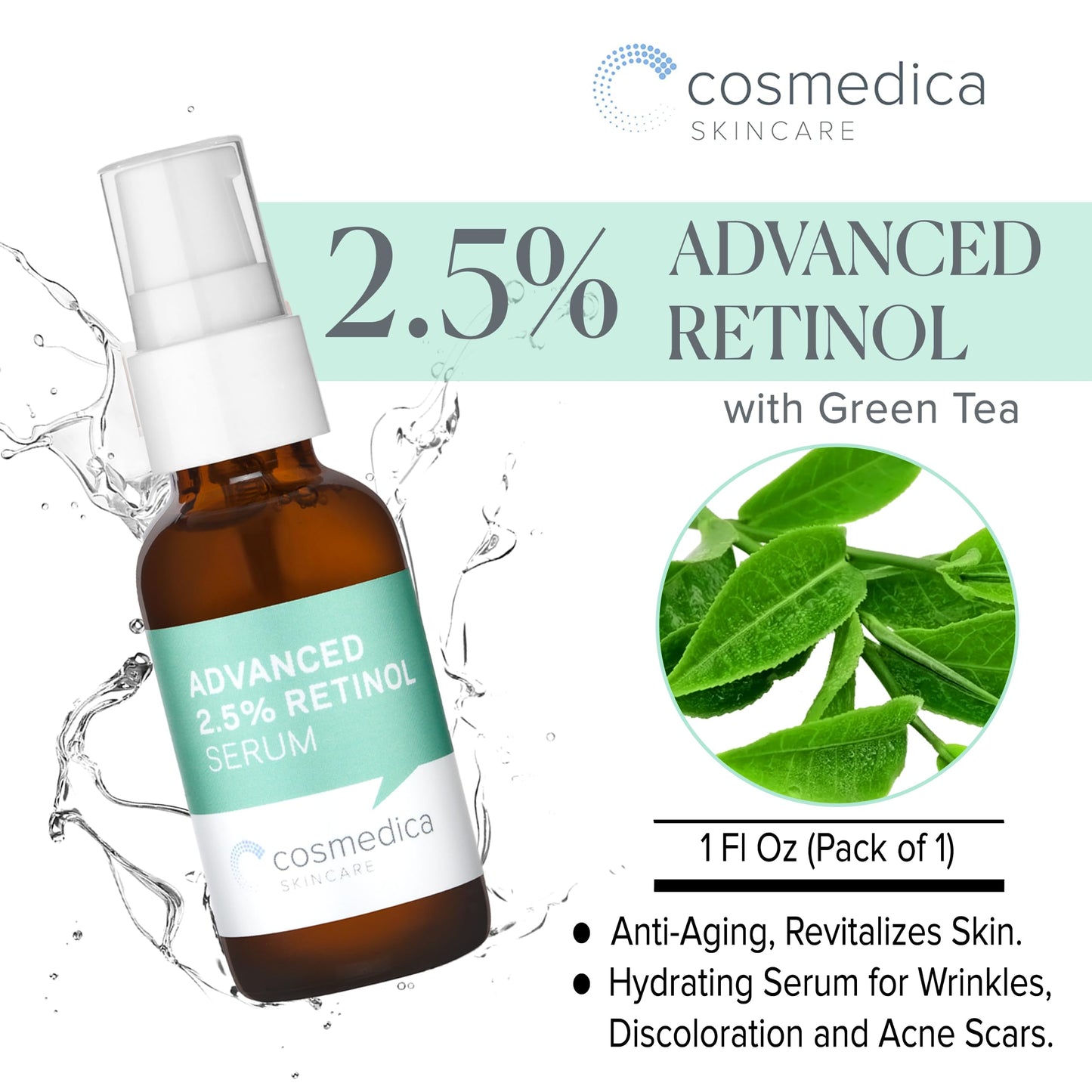 Cosmedica Skincare SUERO DE RETINOL AL 2.5%. Estimula la producción de colágeno y combate las secuelas de acné. Con acido hialuronico y Te verde.