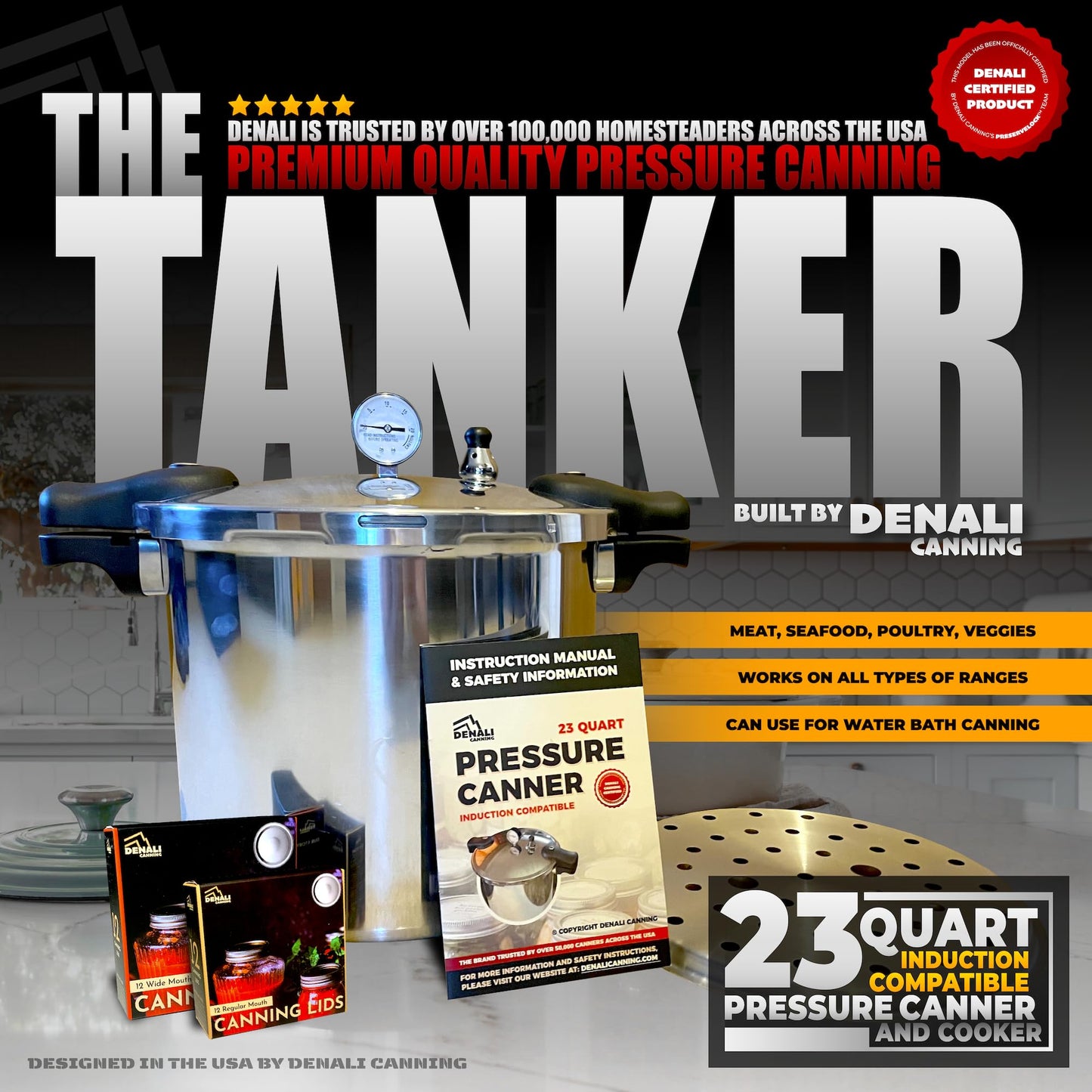 Denali Canning TANKER - Bote de presión y olla de 23 cuartos | Compatible con inducción, manómetro y regulador de presión, aluminio y acero inoxidable, Denali es una empresa estadounidense