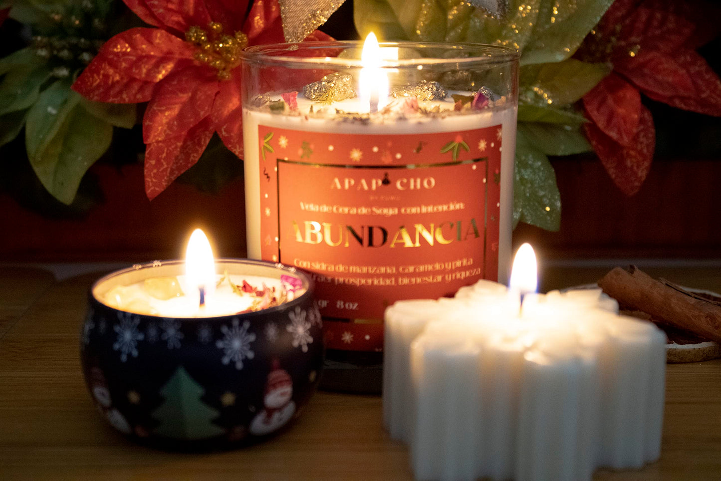 Fuwu, velas aromaticas edicion navidad de cera de soya con cuarzos naturales, velas decorativas hechas a mano con flores secas para decoracion navidad o regalos navideños Sidra de Manzana con caramelo