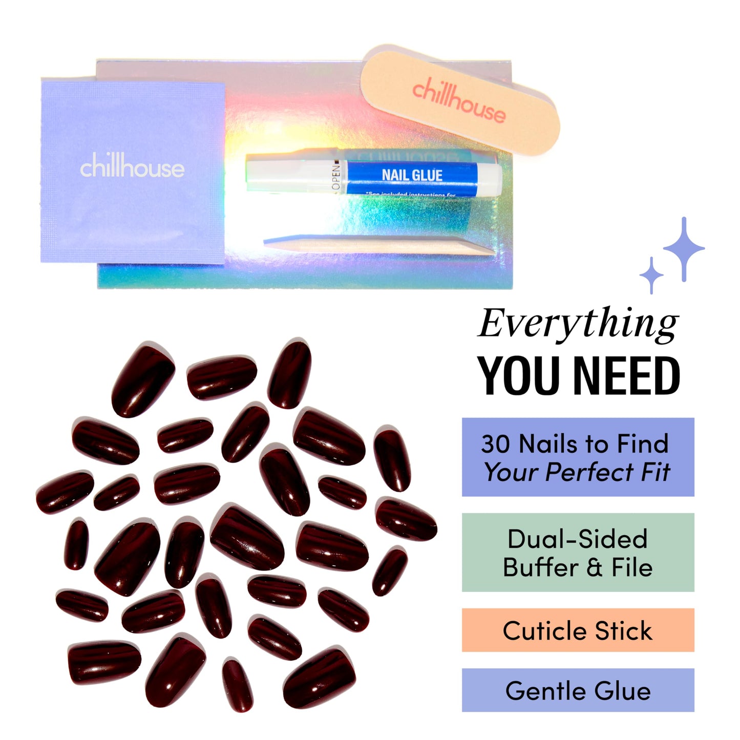 Chillhouse Kit de Uñas Postizas Chill Tips Signatures, Rogue Rouge: 30 Formas y Tamaños de Uñas, Pulidor y Lima de Doble Cara, Palito para Cutículas y Pegamento. Manicuras Duraderas.