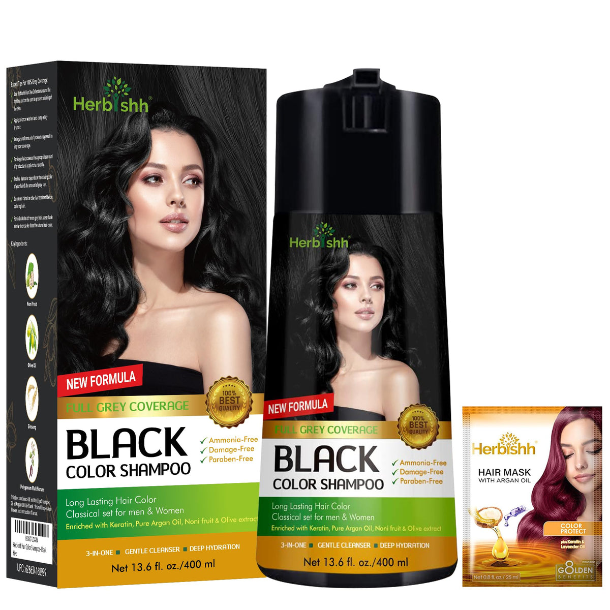 Champú de Color Herbishh Negro Larga Duración Cobertura Completa de Canas