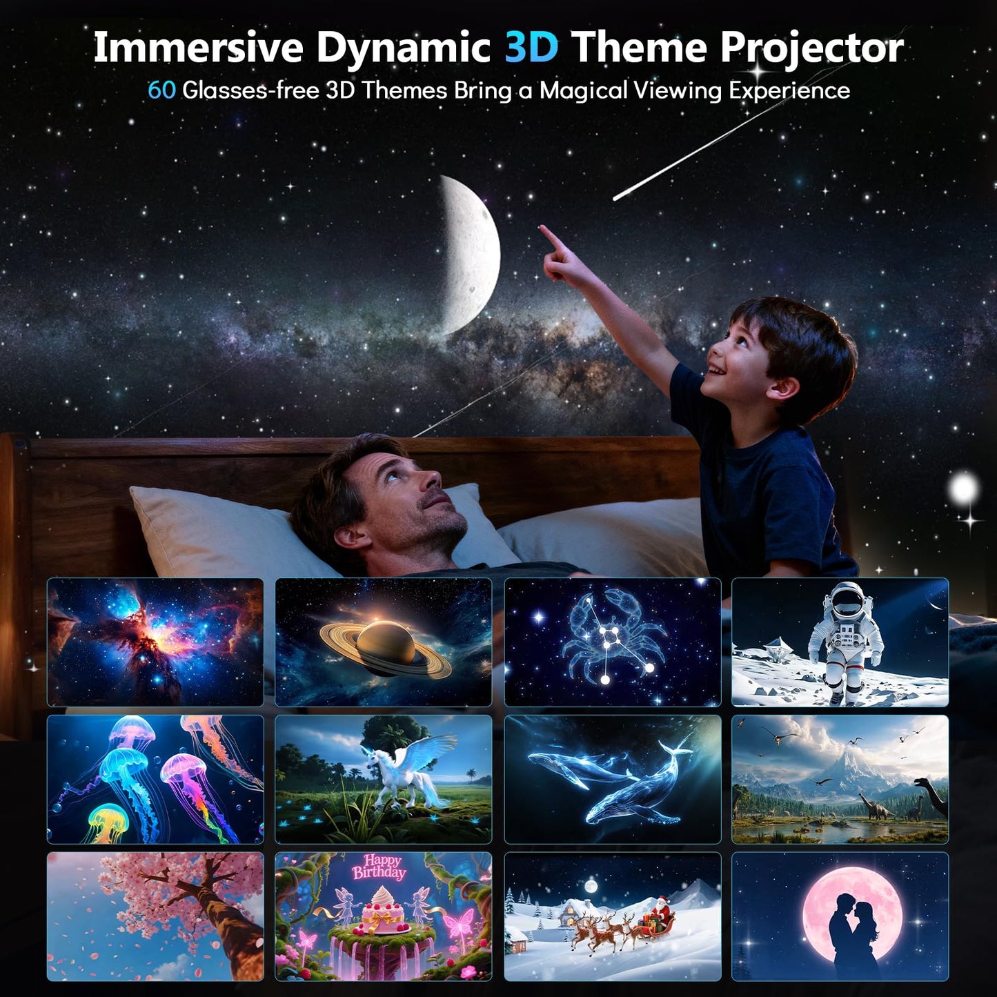Rossetta Proyector 3D, 60 Temas HD 3D Galaxy con Altavoz Bluetooth y Control Remoto, Temporizador de 1H/2H Espacial Luz Nocturna para Recámara de Niños, Decoración de Habitación