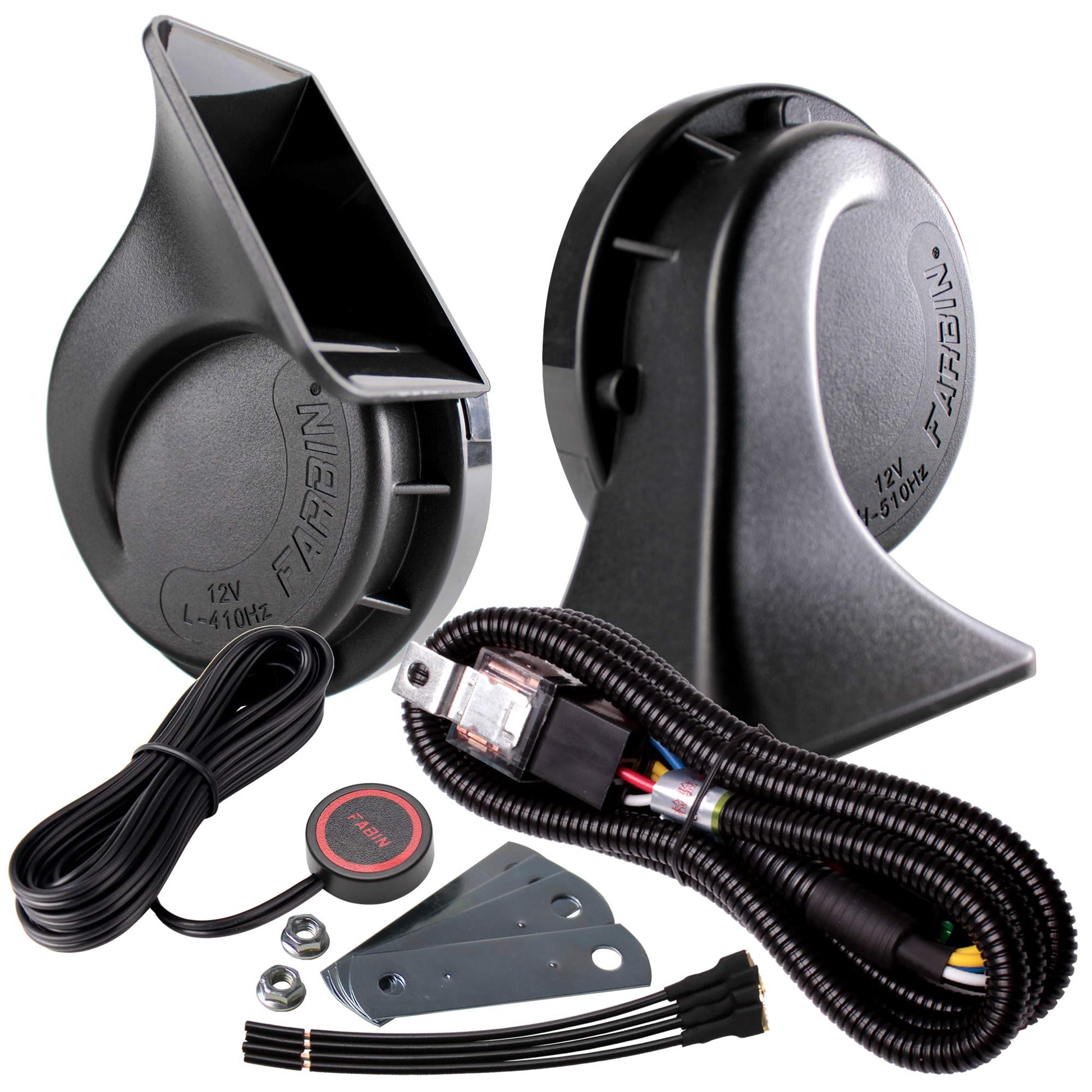 FARBIN Loud Truck Horn 12v Air Horn Loud Car Horn Kit with Relay Harness and Switch Button for Truck Car Train Motorcycle (Black horn with harness and button)