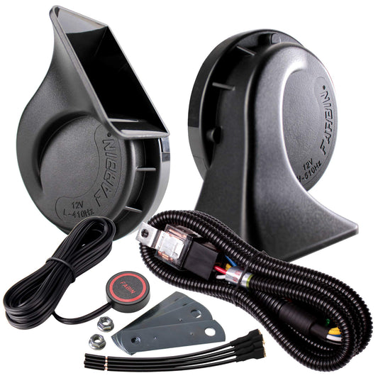 FARBIN Loud Truck Horn 12v Air Horn Loud Car Horn Kit with Relay Harness and Switch Button for Truck Car Train Motorcycle (Black horn with harness and button)