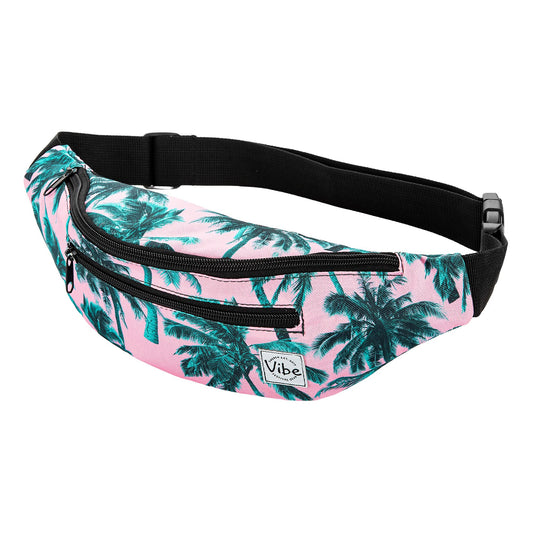 Riñonera Vibe Festival Gear Negro Holográfico Plateado Dorado Hojas de Palma Rosa Tropical para Hombre y Mujer