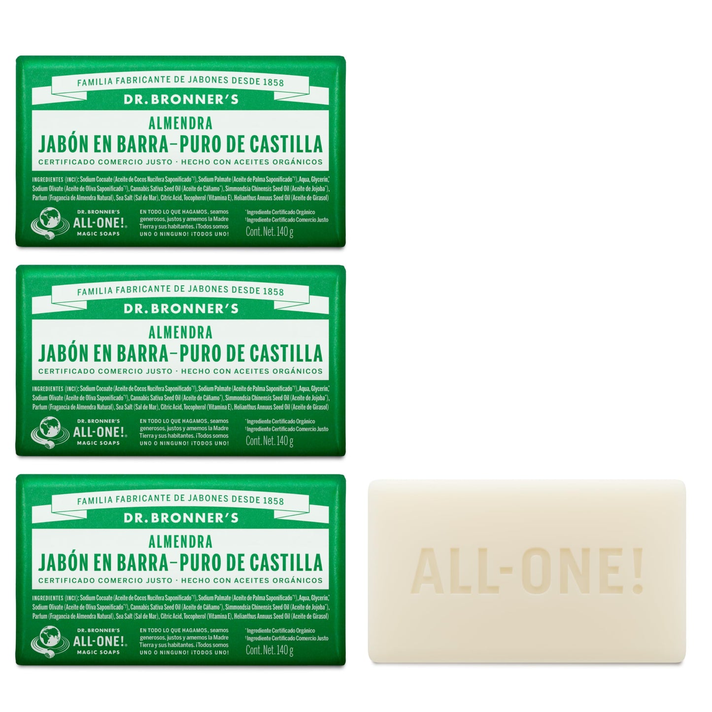 Dr. Bronner's | Jabón de castilla orgánico en barra, fórmula concentrada, elimina células muertas, nutrición suave y piel hidratada, con aceite natural de Almendra, aroma Almendra (3 pack)