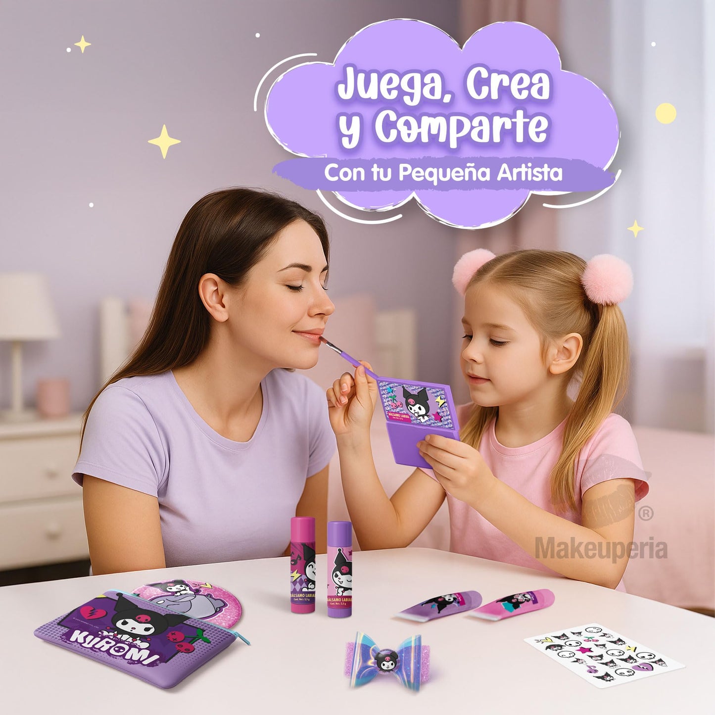 MAKEUPERIA Maquillaje para Niñas de Kuromi, Set de Maquillaje Infantil Lavable con Bálsamos, Brillos, Paleta con Brocha, Clips, Espejo y Bolsa de PVC, Regalo Seguro y Adorable
